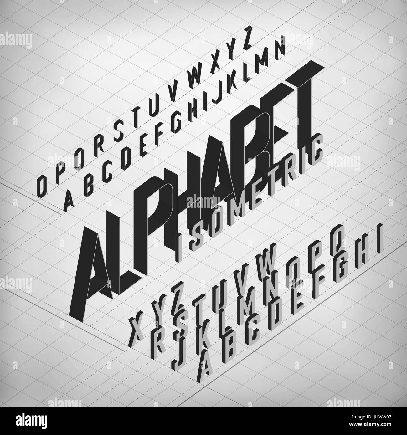 Nero alfabeto isometrica. Sulla griglia monocromatica sullo sfondo. Due pesi - bold e sottile. Illustrazione Vettoriale