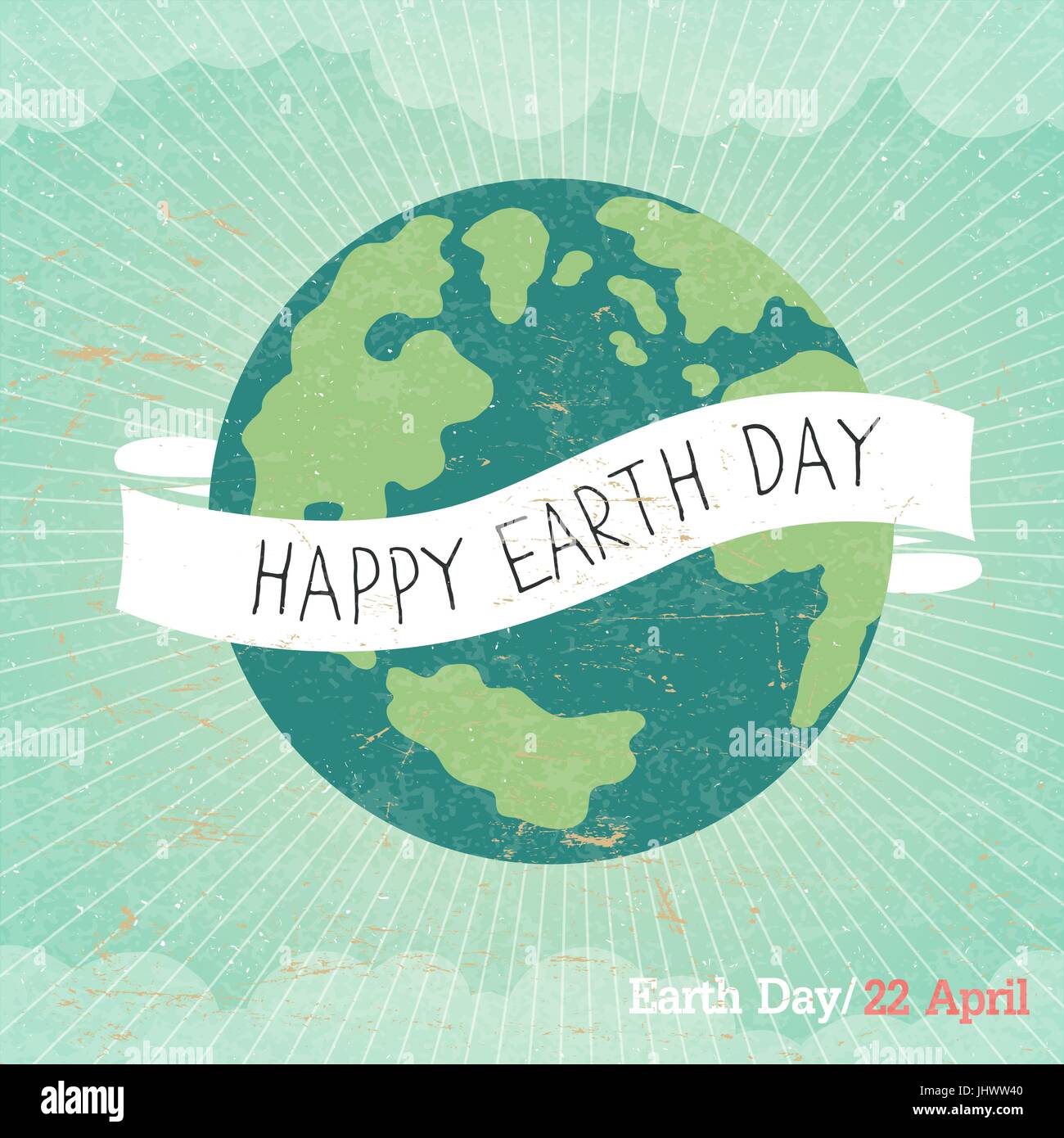 Vintage Earth Day Poster. Cartoon terra illustrazione. Raggi, nuvole, cielo. Testo sul nastro bianco. Sul vecchio trama della carta. Strati di grunge facilmente modificati. Illustrazione Vettoriale