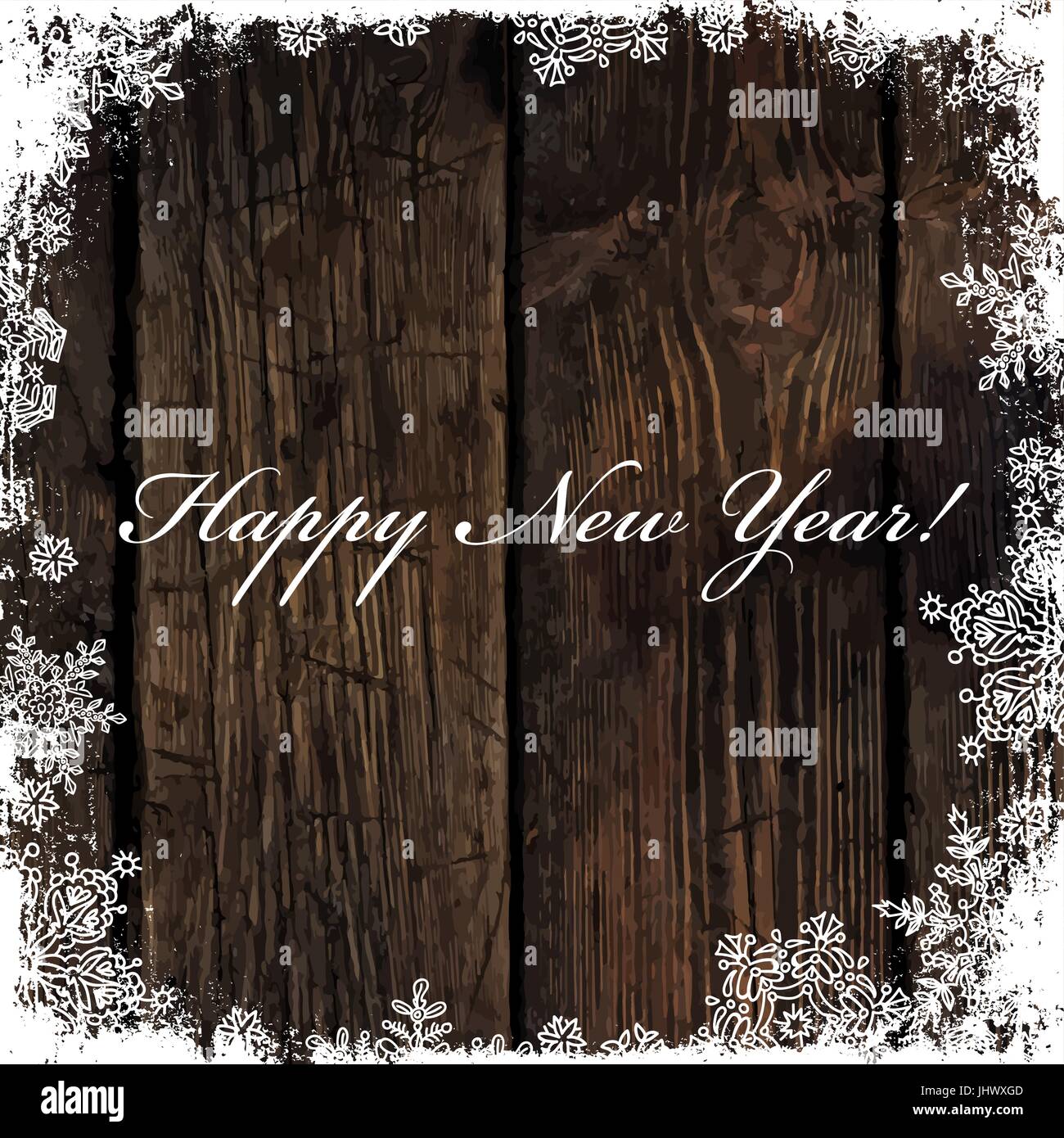 Felice Anno Nuovo! Saluto su sfondo di legno. I fiocchi di neve telaio isolato. Facile da utilizzare nei progetti di design per le vacanze, come cartolina, inviti, COV Illustrazione Vettoriale