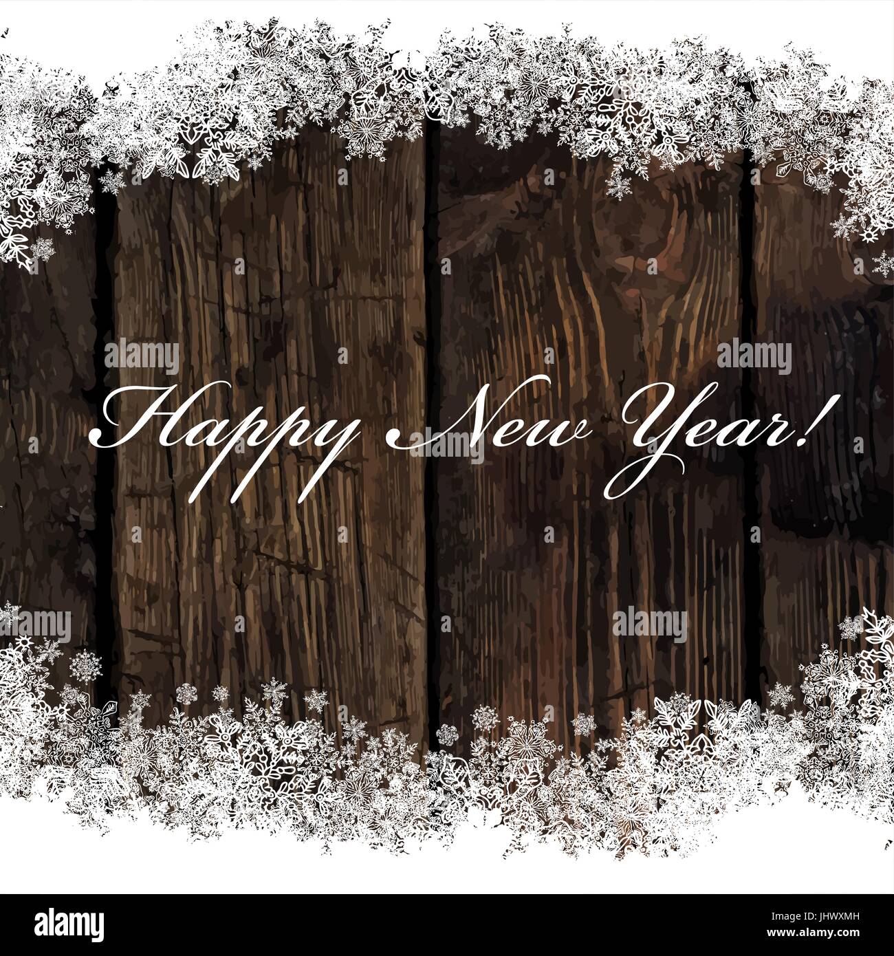 Felice Anno Nuovo! Saluto su sfondo di legno. Fiocchi di neve isolato di confine. Facile da utilizzare nei progetti di design per le vacanze, come cartolina, inviti, co Illustrazione Vettoriale
