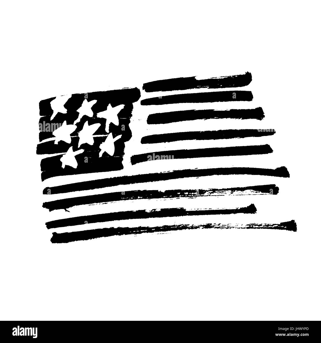 Disegnata a mano bandiera americana 'Stelle e strisce' illustrazione monocromatica. Dipinto dal pennello. Simbolo nero isolato su bianco. Illustrazione Vettoriale