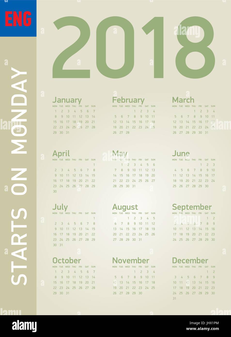 Semplice calendario per l'anno 2018, in formato vettoriale. La settimana inizia il lunedì. Illustrazione Vettoriale