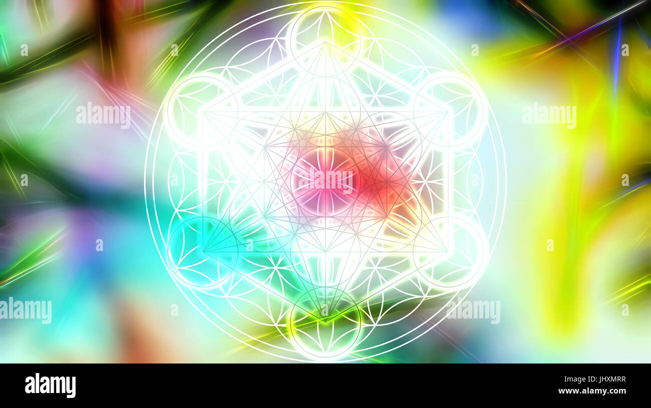 Luce merkaba e fiore della vita su un astratto colore di sfondo e struttura frattale. Geometria Sacra. Foto Stock