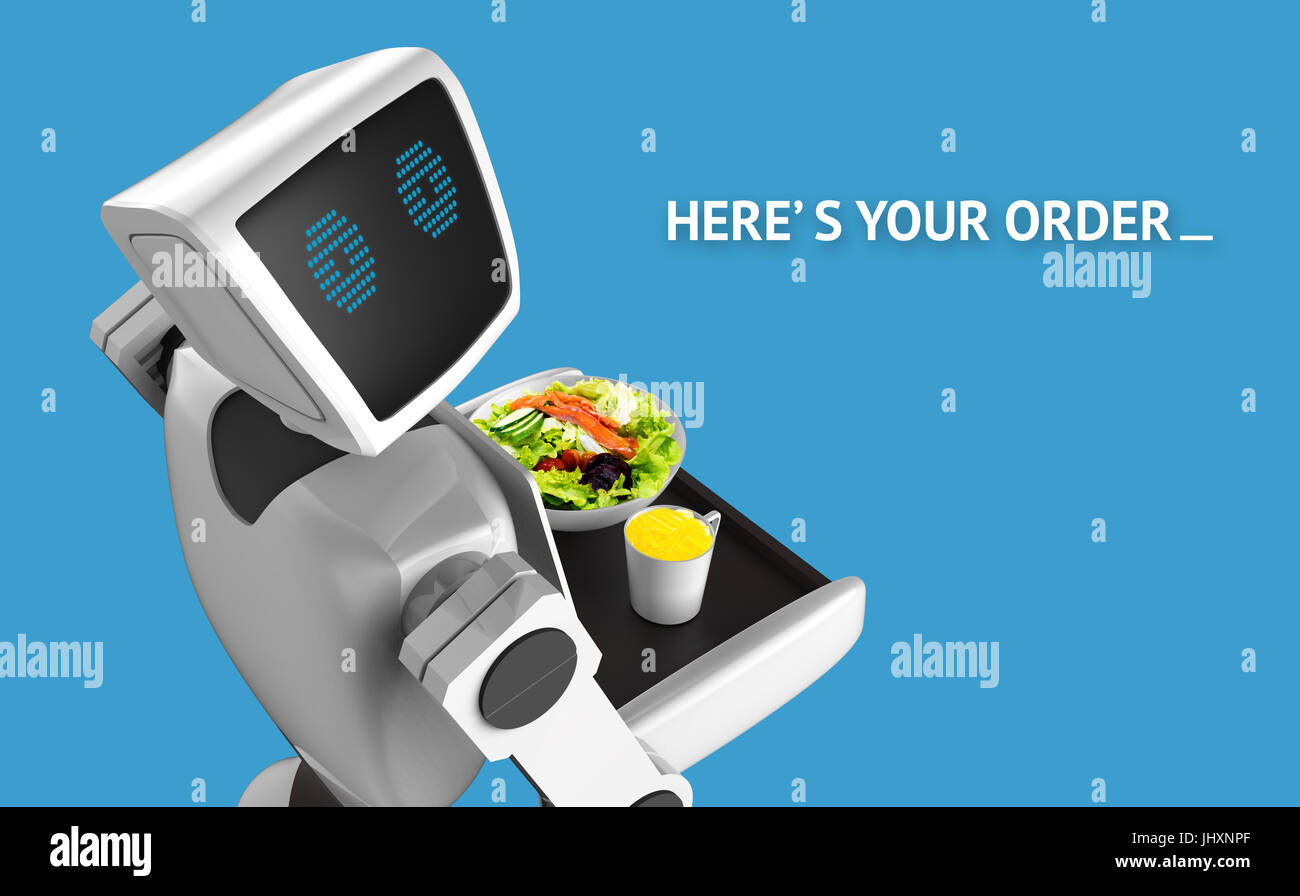 Robotics Tecnologia Tendenze concetto aziendale. Autonomo assistente personale robot personali per servire il succo d'arancia e insalata in ristorante con blue bac Foto Stock