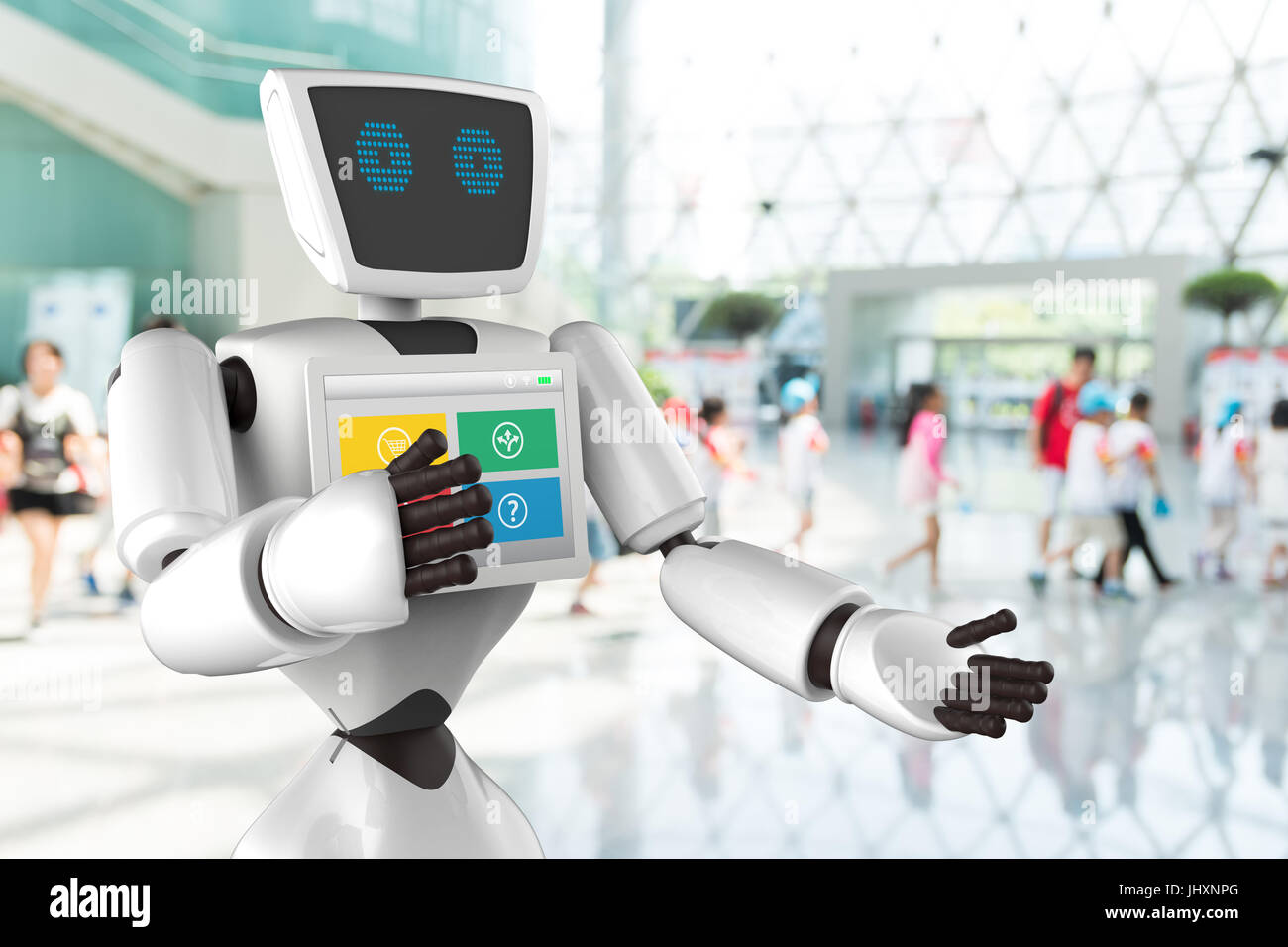 Robotics Tecnologia Tendenze concetto aziendale. Autonomo assistente personale robot per la direzione di navigazione e gli elementi in museo la sfocatura dello sfondo. Foto Stock