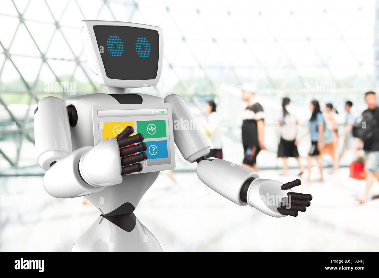 Robotics Tecnologia Tendenze concetto aziendale. Autonomo assistente personale robot per la direzione di navigazione e gli elementi in museo la sfocatura dello sfondo. Foto Stock