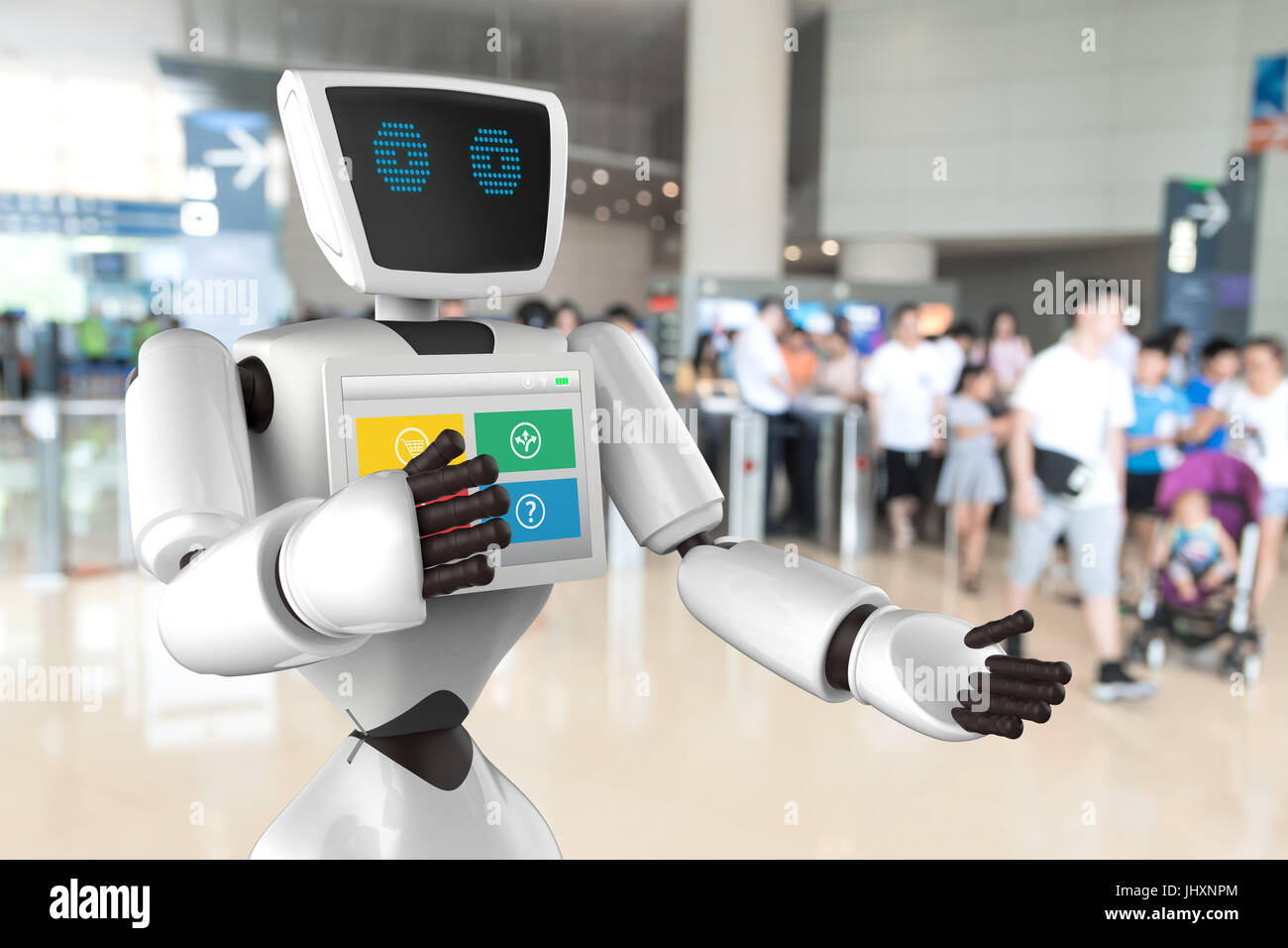 Robotics Tecnologia Tendenze concetto aziendale. Autonomo assistente personale robot per la direzione di navigazione e gli elementi in museo la sfocatura dello sfondo. Foto Stock