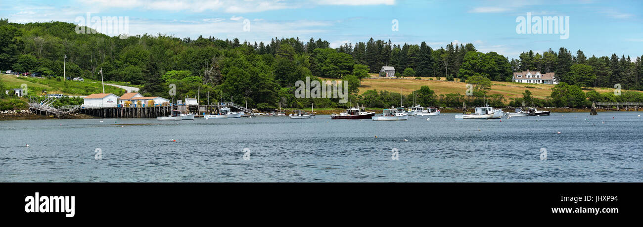 Panorama della riva settentrionale con un molo di pesca e i pescherecci da traino di aragosta ormeggiata in porto Pemaquid in Bristol, Maine, Stati Uniti d'America. Foto Stock