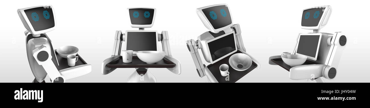 Autonomo assistente personale robot personale per servire cibi in ristorante con uno sfondo grigio. Robotics Tecnologia Tendenze concetto aziendale. 3D Arcavacata di Rende Foto Stock