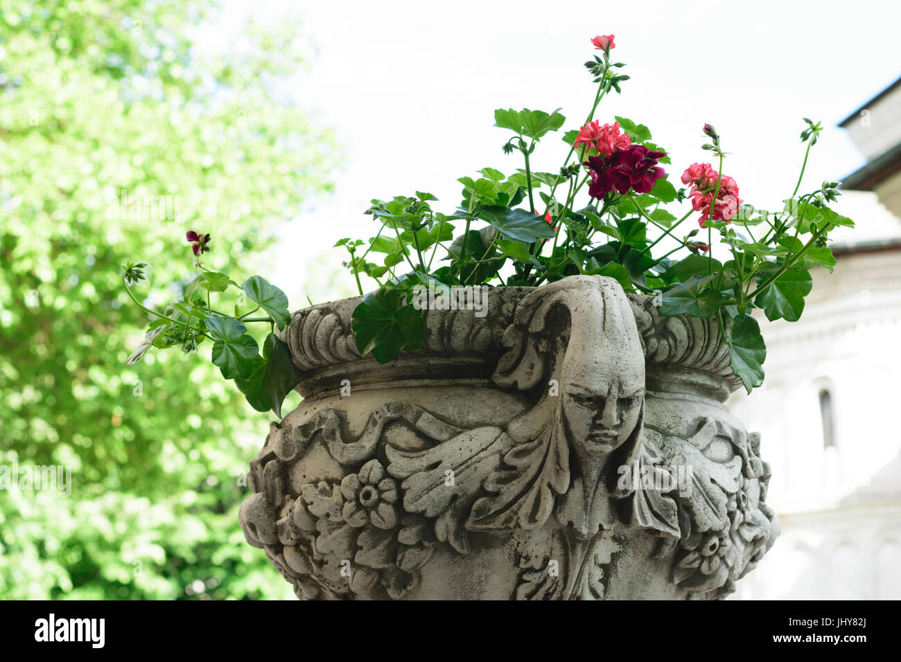 Antico Fiore porta pot realizzato dalla pietra bruta - molto antica scultura con faccia scarry - stile gotico Foto Stock