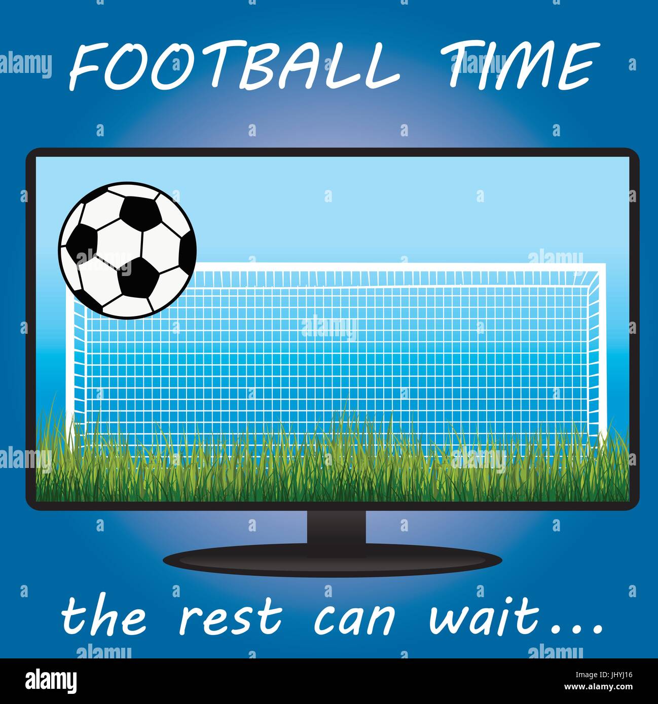 Tempo calcio in TV, sfera, gate, prato. Design piatto, vettore Illustrazione Vettoriale