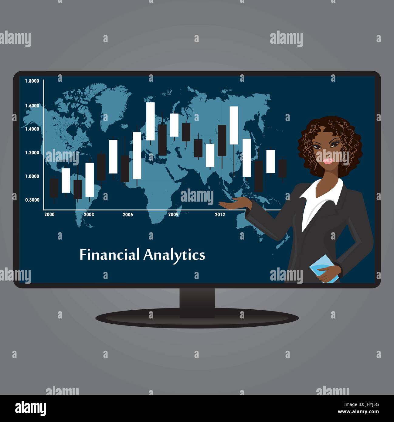 Donna afro-americana sullo schermo del televisore, un analista finanziario, design piatto, illustrazione vettoriale Illustrazione Vettoriale