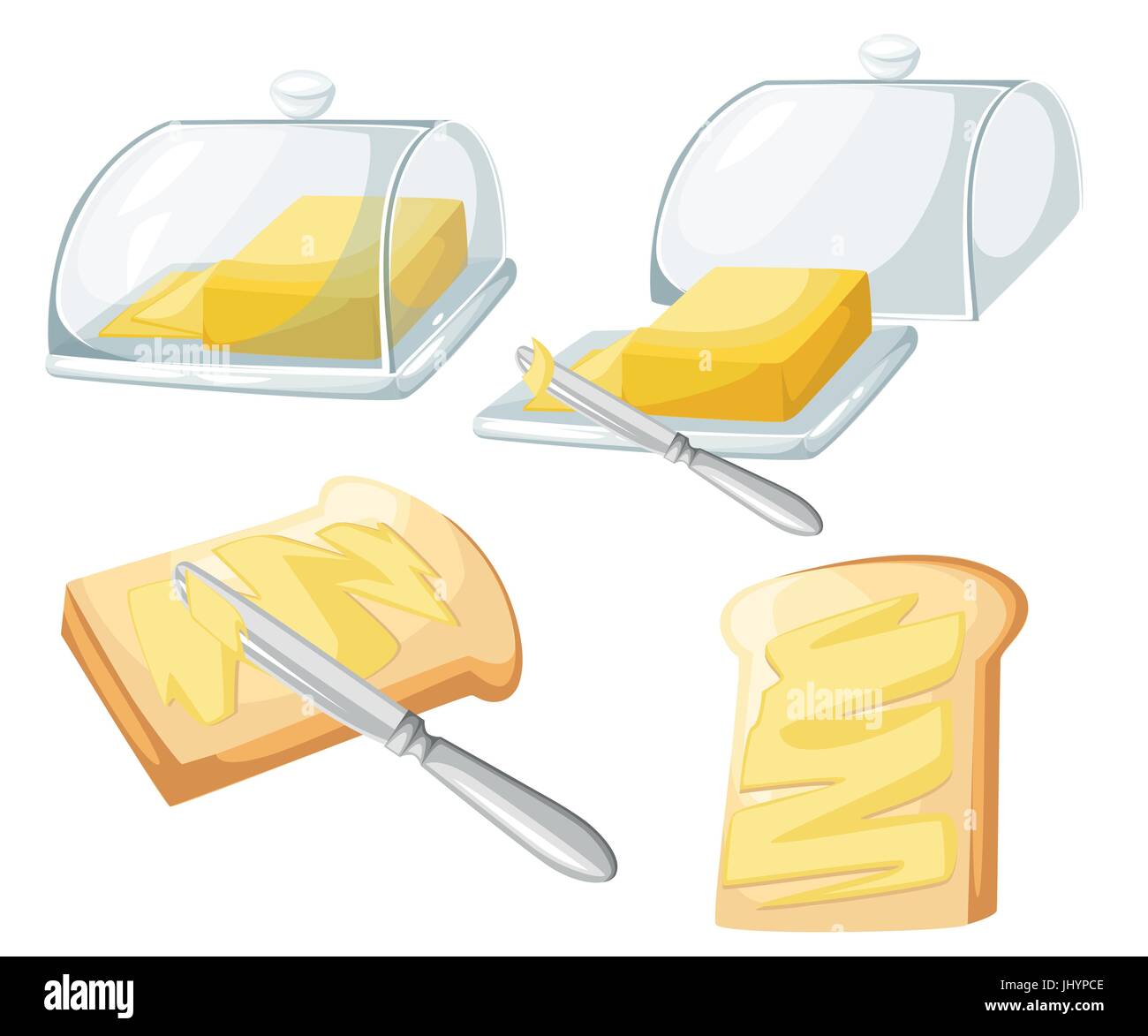 Spalmatura a coltello di burro o margarina sulla fetta di pane tostato e bar di burro, design piatto vector pagina del sito web e mobile app design. Illustrazione Vettoriale