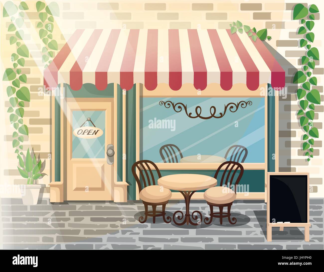 Street Cafe. Coffee Shop. City cafe. Urban primavera estate paesaggio. Design piatto concetto. Illustrazione Vettoriale pagina del sito web e mobile app design. Illustrazione Vettoriale