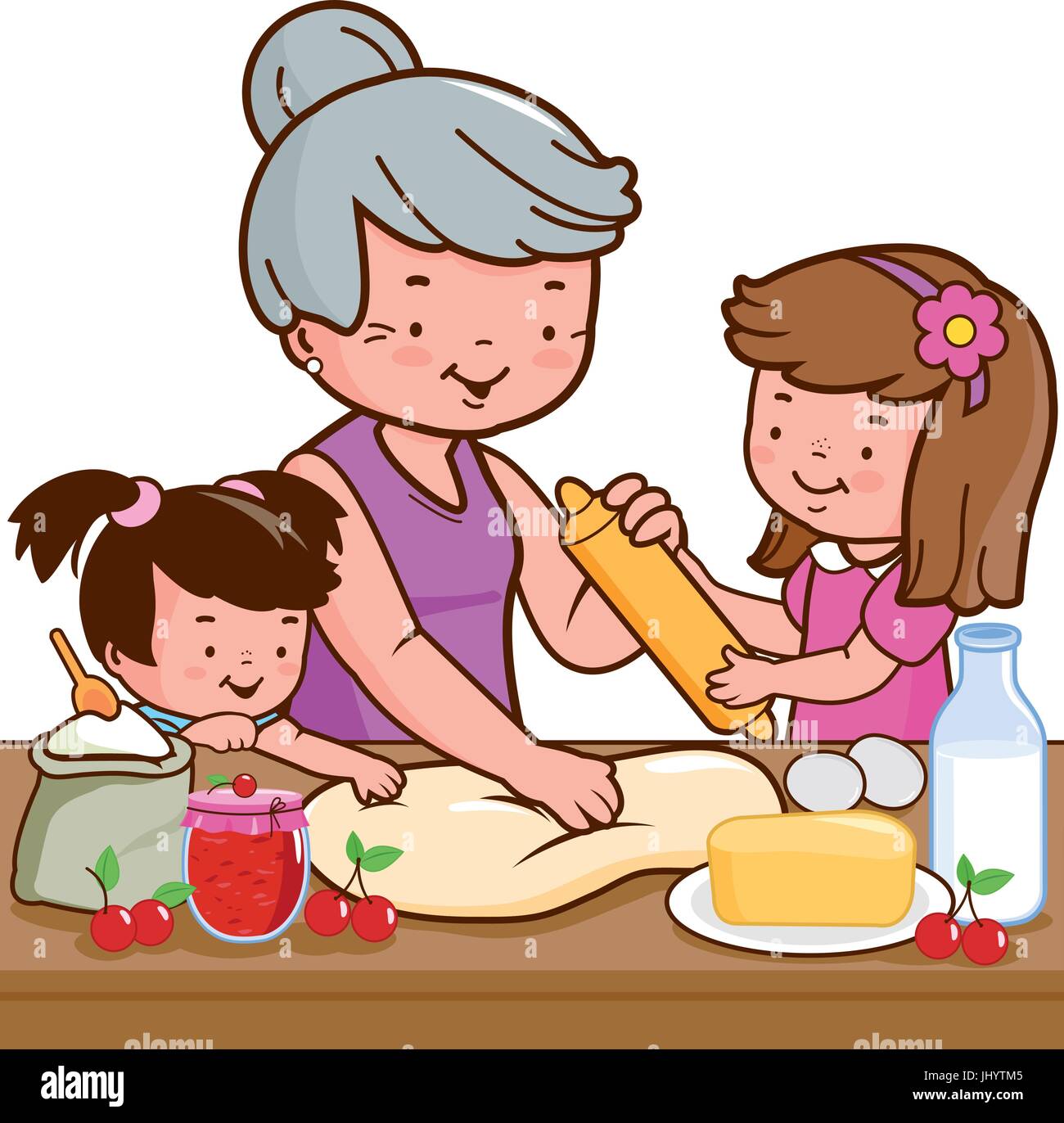 Nonna e figli cucinano in cucina. I bambini aiutano la nonna a preparare una torta. Buona cucina di famiglia a casa. Illustrazione vettoriale Illustrazione Vettoriale