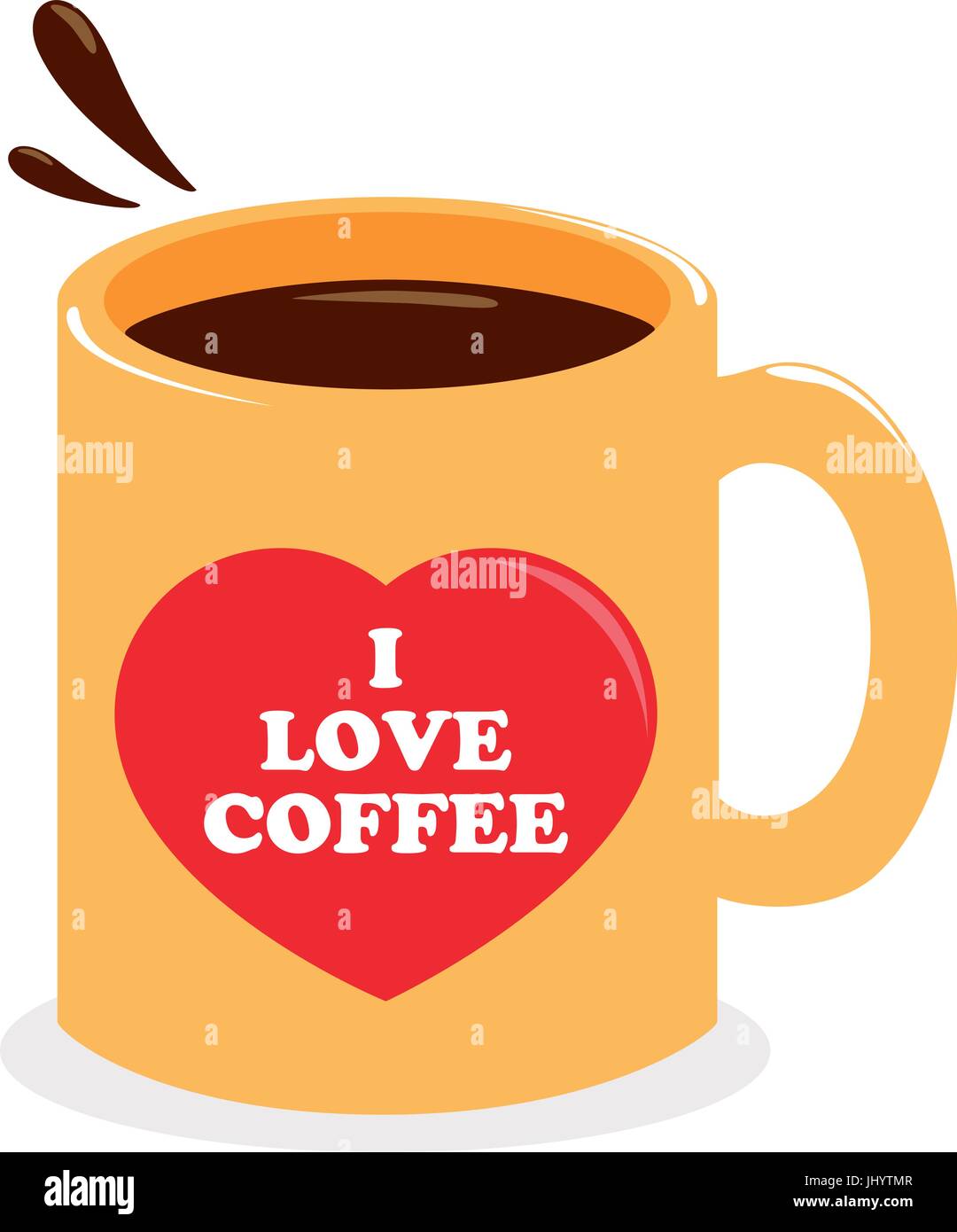 Tazza di caffè. Tazza gialla con i Love coffee text. Colazione all'americana con bevande, caffè o cacao. Illustrazione vettoriale. Illustrazione Vettoriale
