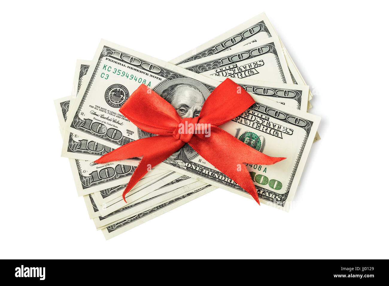 Di dollari con fiocco rosso isolato su bianco Foto Stock