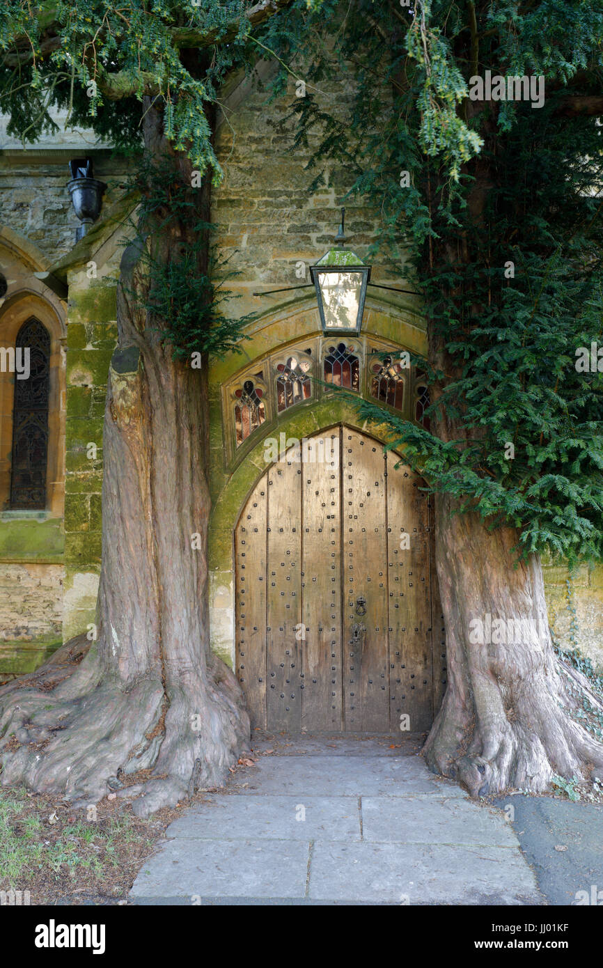 Yew alberi e porta San Edward's chiesa, Stow-su-il-Wold, Cotswolds, Gloucestershire, England, Regno Unito, Europa Foto Stock