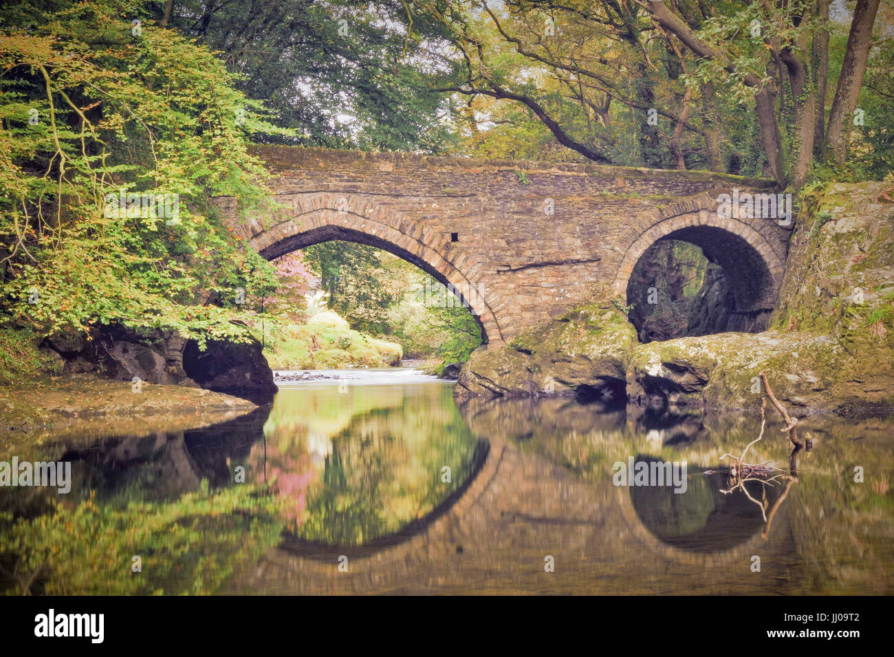 La riflessione di antico ponte in Devon Foto Stock