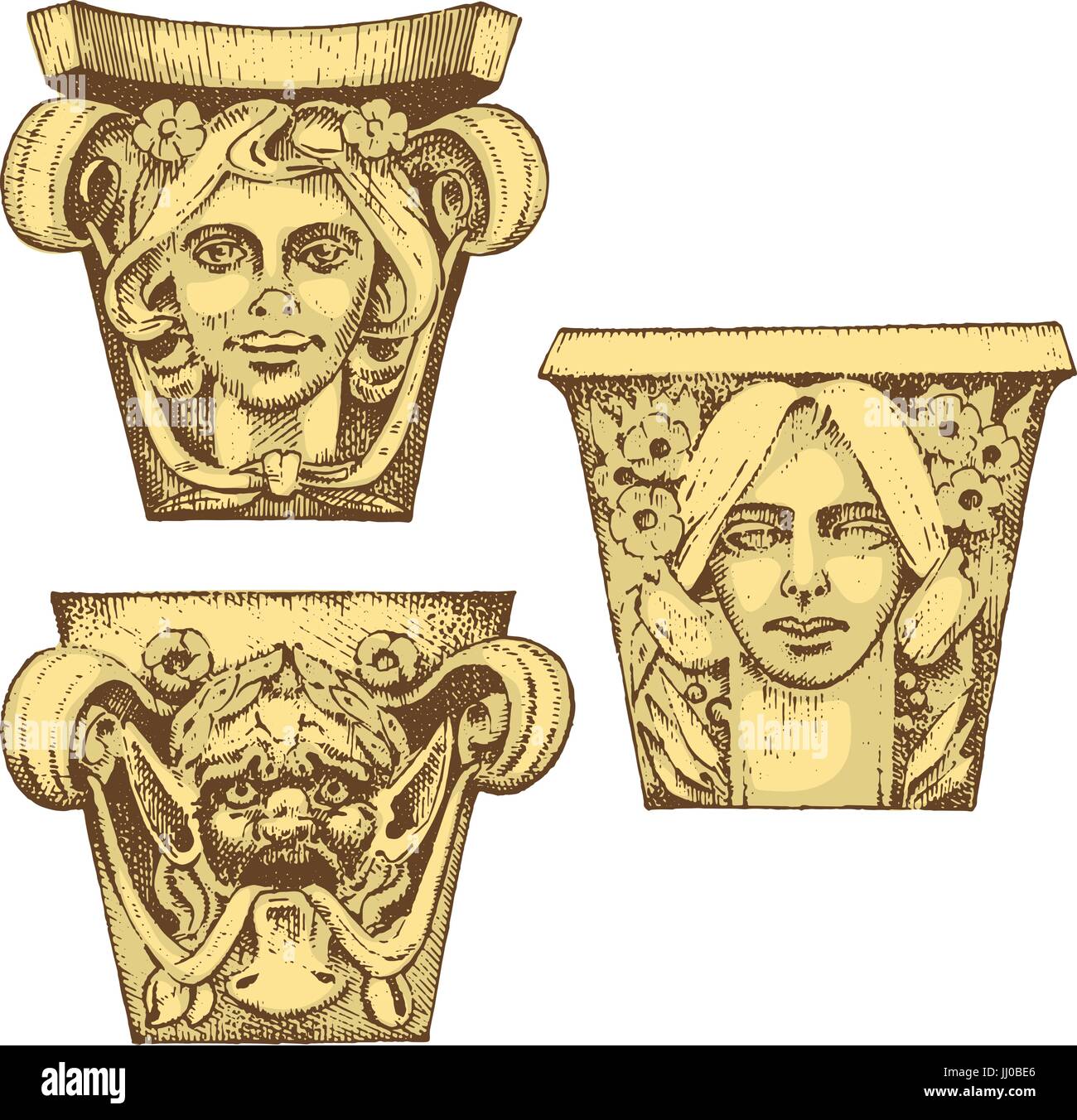 Dettaglio antico edificio classico. architettonico elementi ornamentali. mostra toscano, dorico, ionico e colonna romana. incisi disegnati a mano nel vecchio sketch, vintage e antiquariato, barocca o stile gotico. Illustrazione Vettoriale