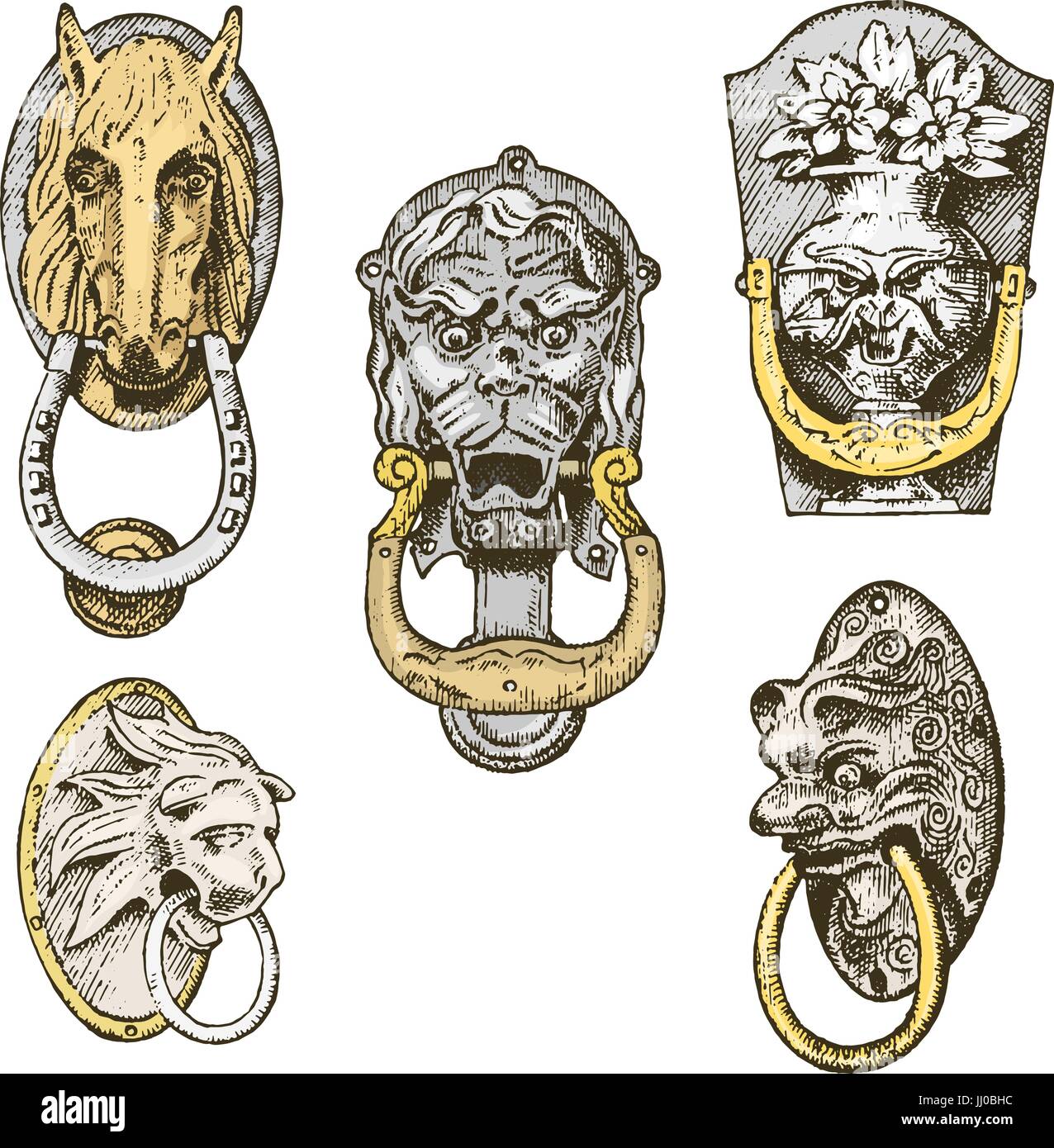 Dettaglio antico edificio. architettonico di elementi ornamentali, porta di legno manopola, respingente o maniglie. lion e cavallo. incisi disegnati a mano nel vecchio sketch, vintage e antiquariato, barocca o stile gotico. Illustrazione Vettoriale