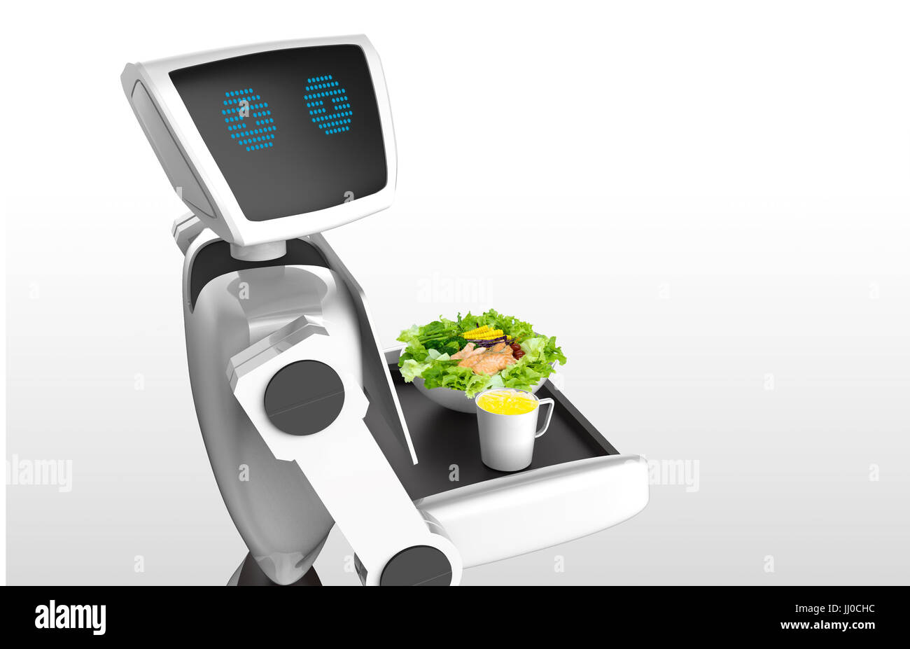 Robotics Tecnologia Tendenze concetto aziendale. Autonomo assistente personale robot personali per servire il succo d'arancia e insalata in ristorante con il grigio bac Foto Stock