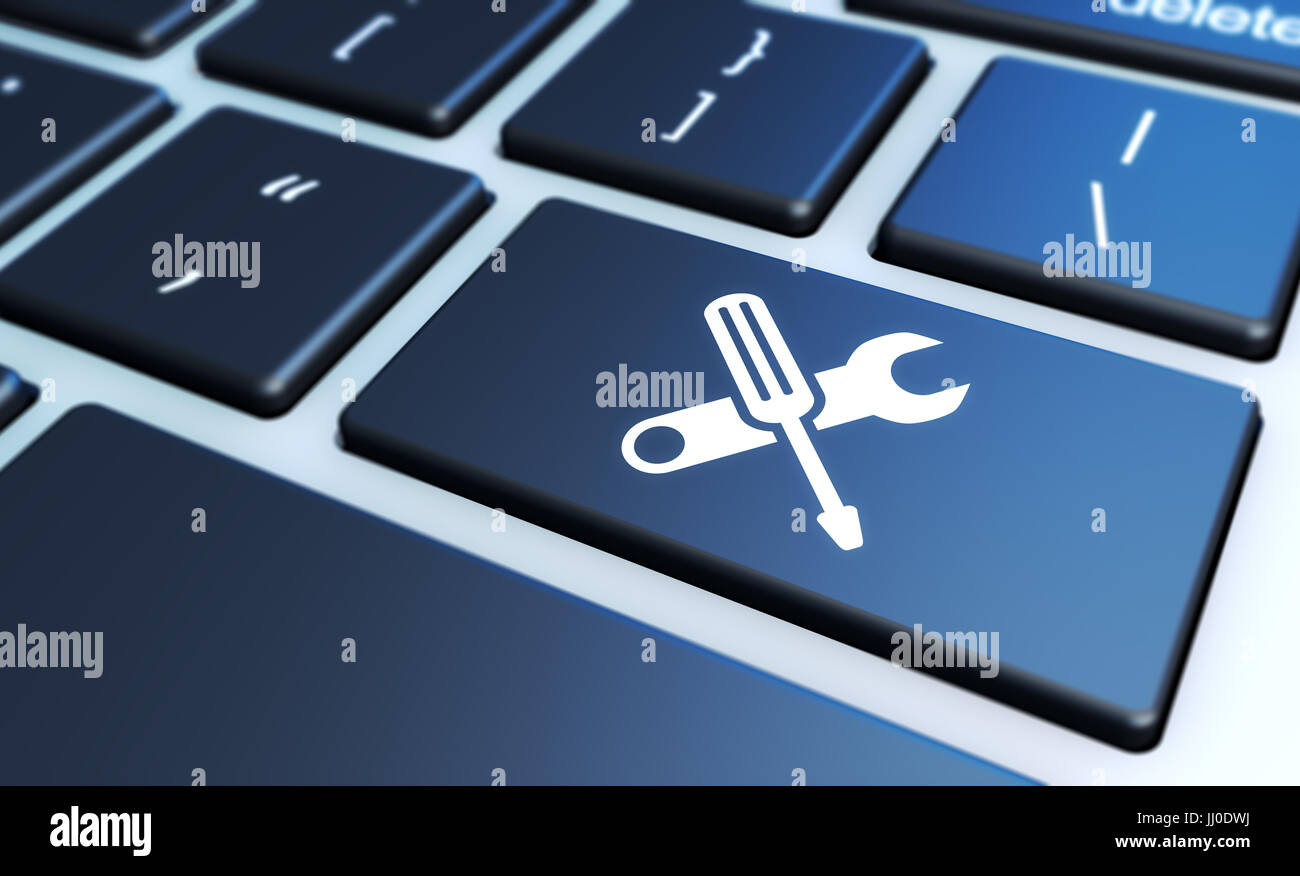 Computer service e assistenza concetto con utensile di lavoro icona su una tastiera portatile 3D'illustrazione. Foto Stock