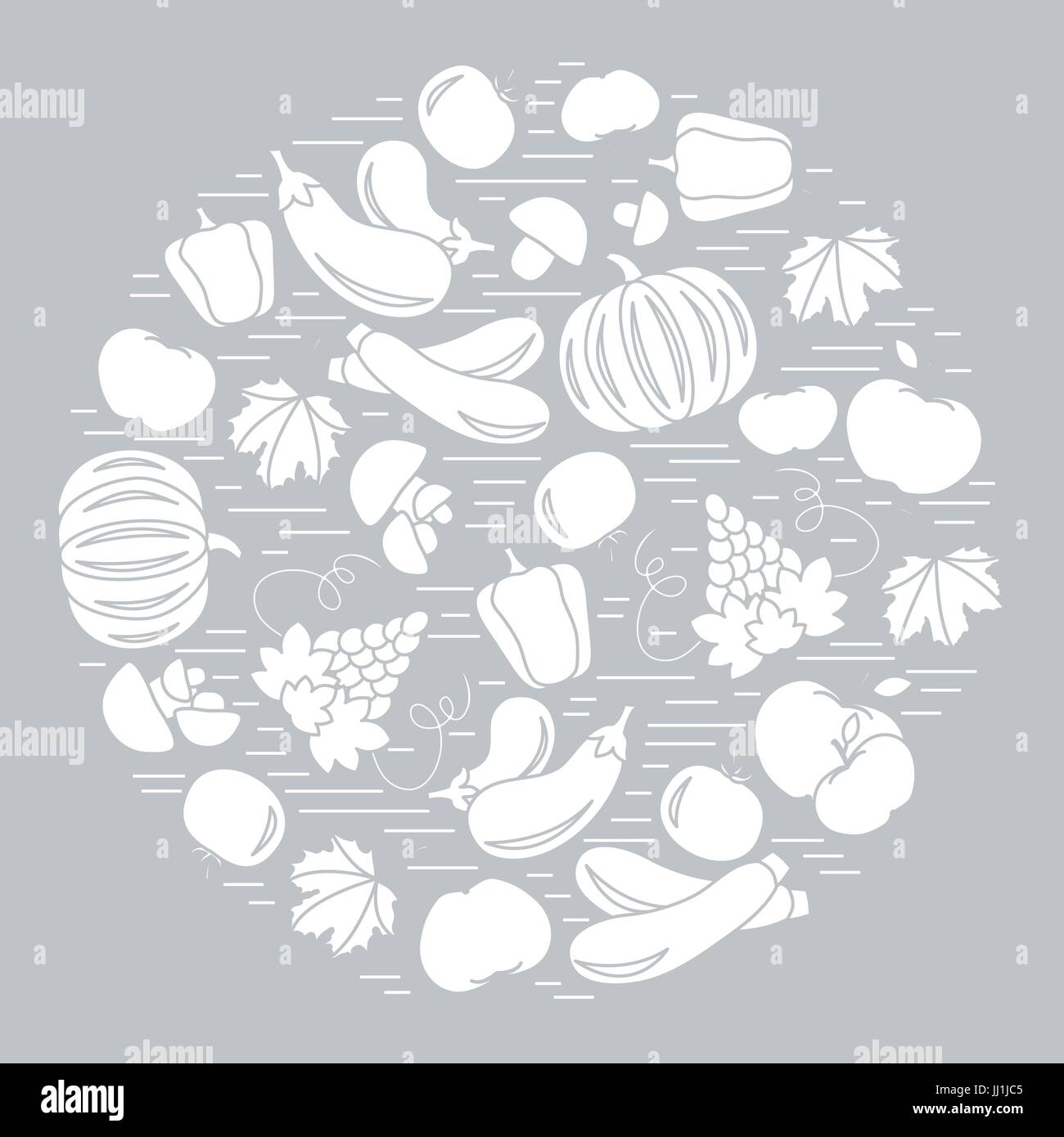 Set di autunno frutta di stagione e verdure in cerchio. Pomodoro, peperone, uve, zucchine e altri rientrano la frutta e la verdura per un annuncio pubblicitario Illustrazione Vettoriale