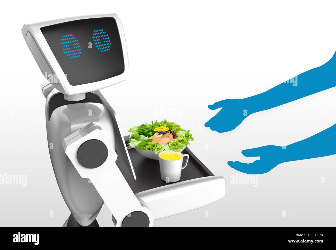 Robotics Tecnologia Tendenze concetto aziendale. Autonomo assistente personale robot personali per servire il succo d'arancia e insalata in ristorante con il grigio bac Foto Stock