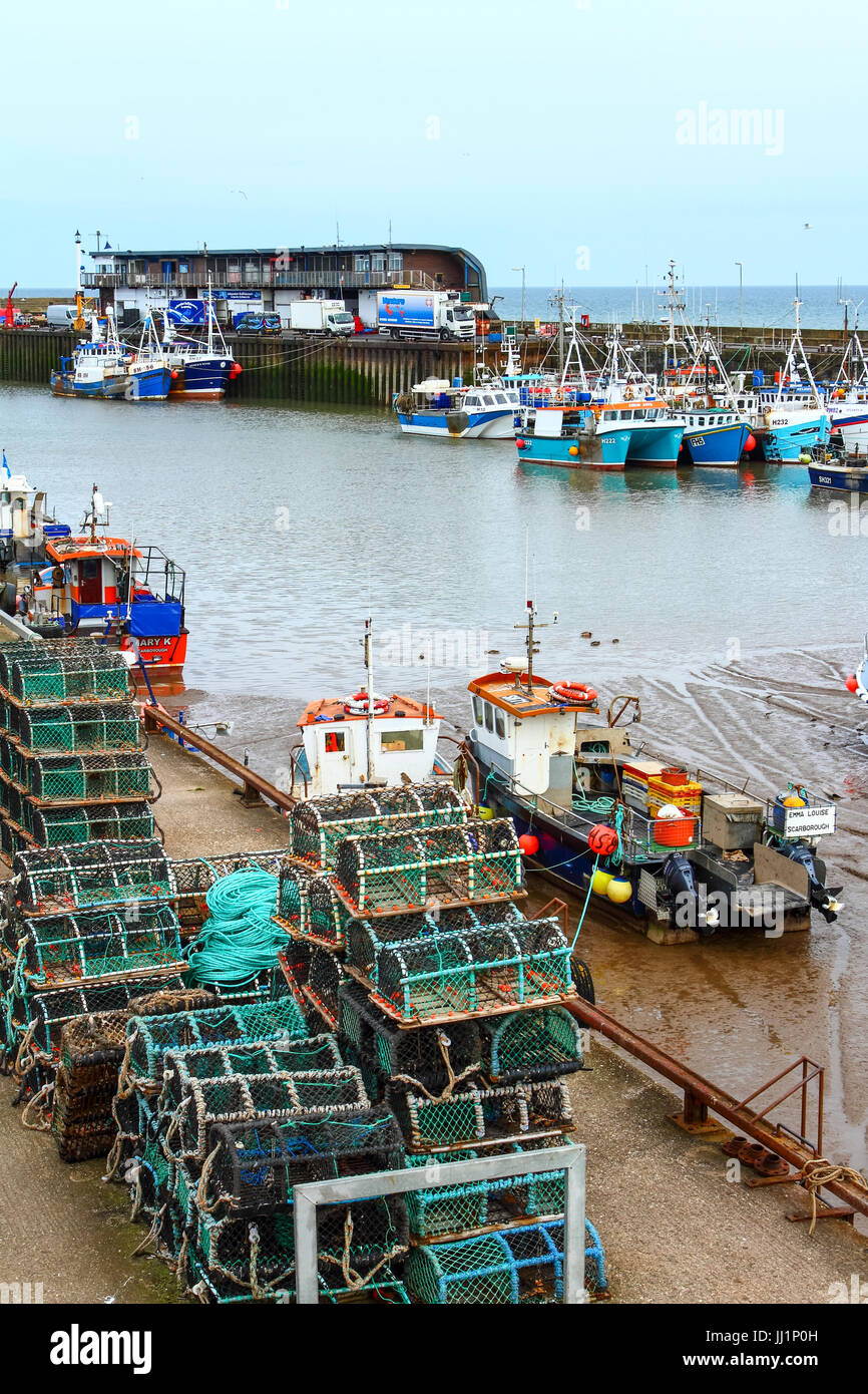Porto di Bridlington Yorkshire a bassa marea che mostra barche da pesca a terra Foto Stock