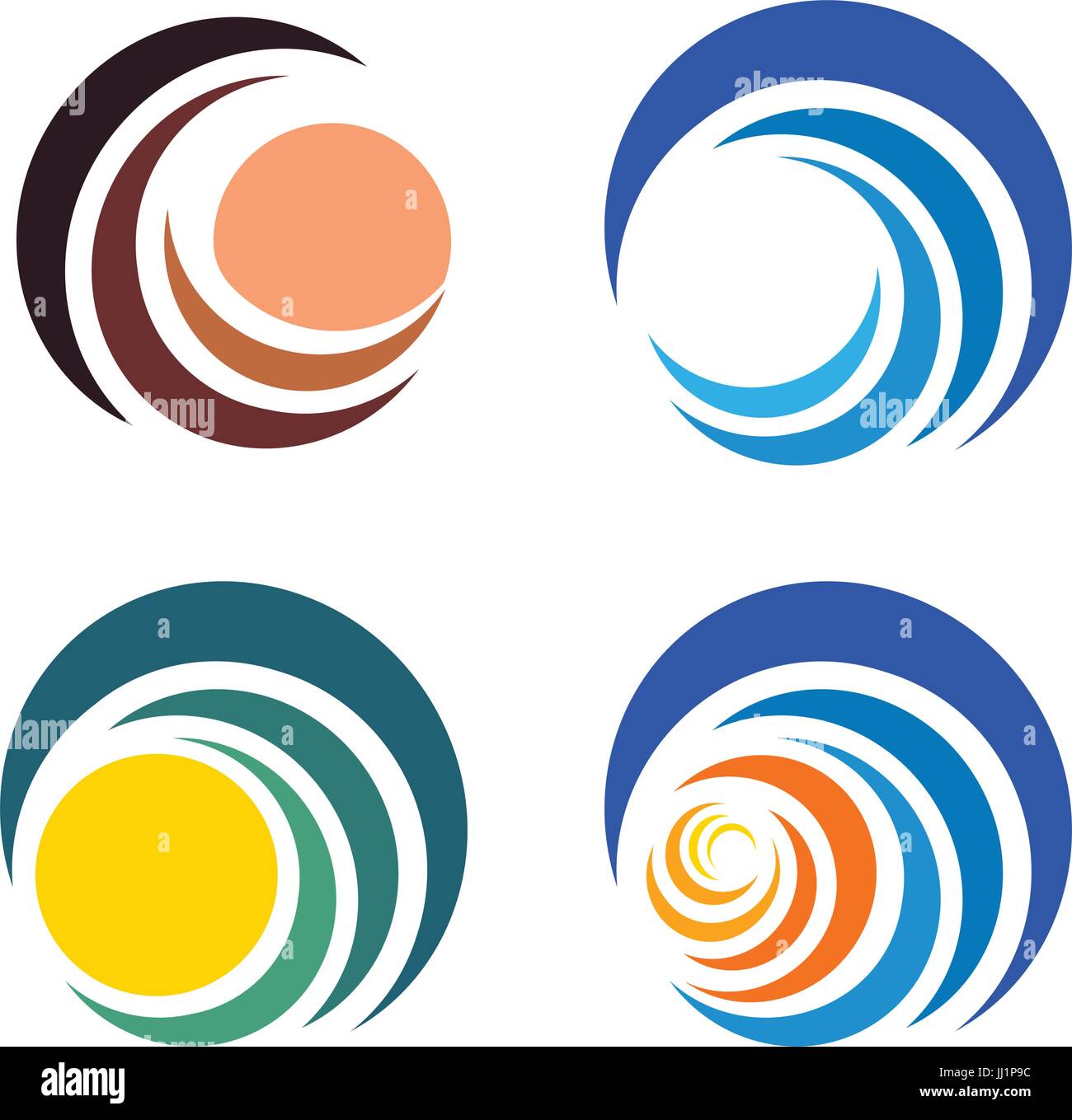 Wave e sun, il tramonto e l'alba loghi. Isolato astratto logo decorativo set, elemento di design modello su sfondo bianco. Illustrazione Vettoriale