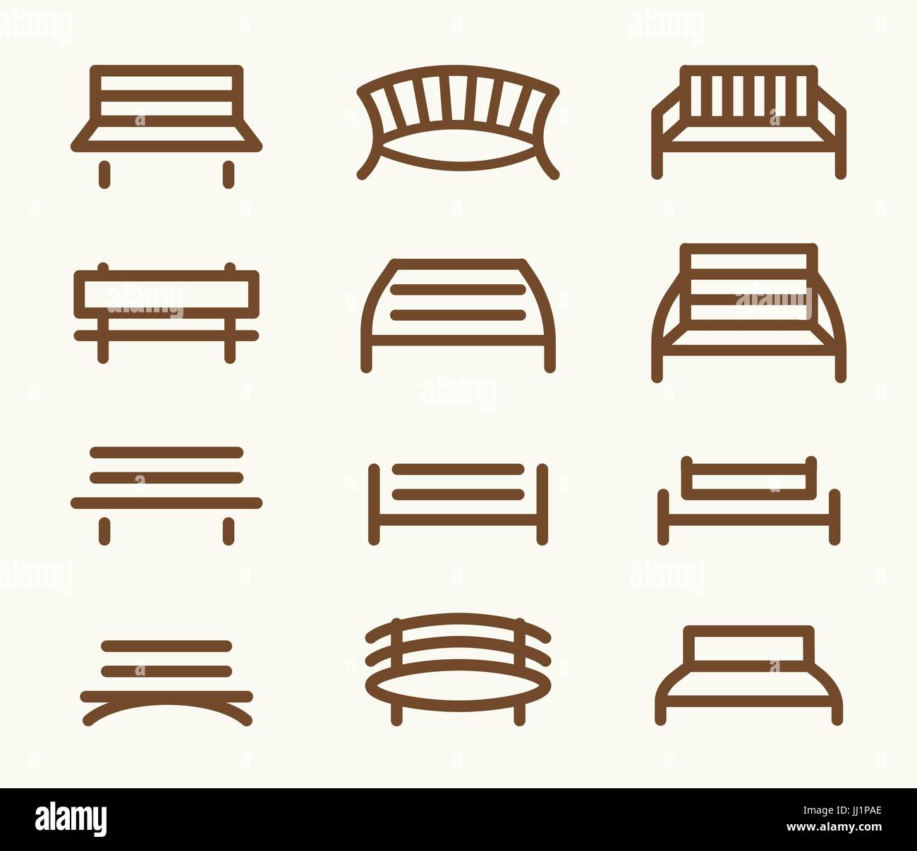 Abstract isolato di color marrone panchina del parco loghi elemento impostato in stile lineart su sfondo bianco illustrazione vettoriale. Illustrazione Vettoriale