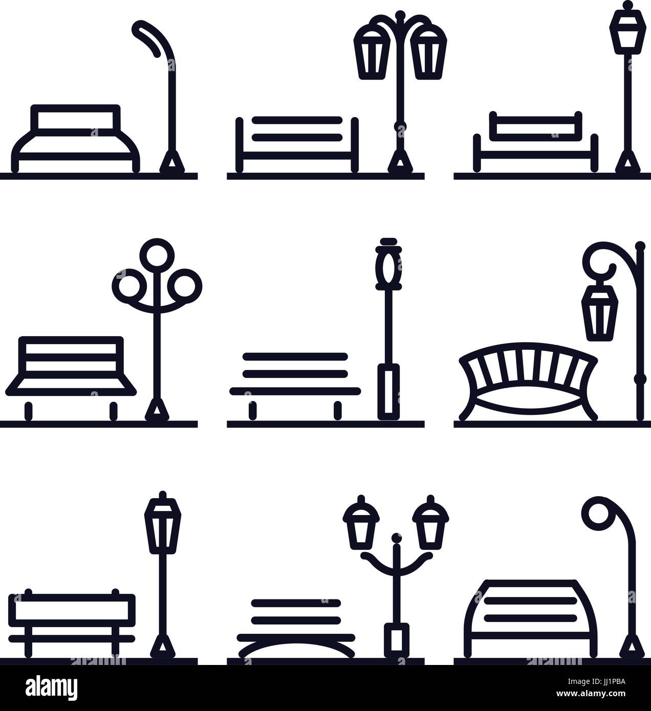 Lineari monocromatici paesaggio astratto elemento di design set, Park street elementi. Una panchina nel parco e la lanterna, illustrazione vettoriale e logo collection Illustrazione Vettoriale
