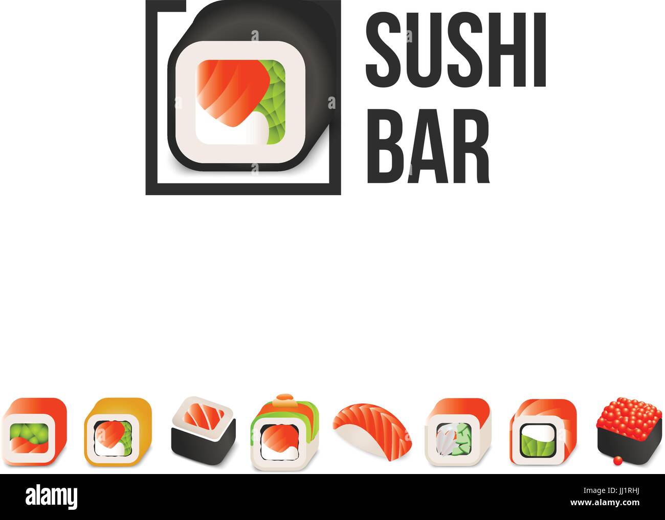 Il sushi e il vettore di rollio del modello di logo. Giapponese cucina orientale delicatezza logotipo. Menu minimale design, bordo nero Illustrazione Vettoriale