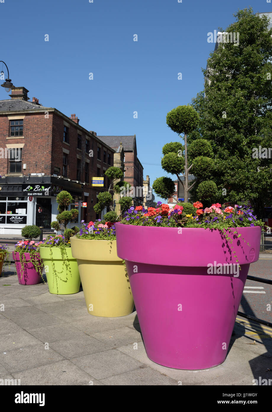Vasi di fiori giganti dai colori luminosi con esposizioni floreali nel  centro di Bury, al sole estivo con cielo blu e senza nuvole nel lancashire  uk Foto stock - Alamy