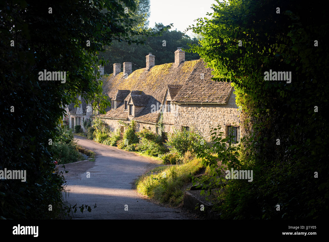 La mattina presto luce solare su Arlington Row. Bibury, Cotswolds, Gloucestershire, Inghilterra Foto Stock