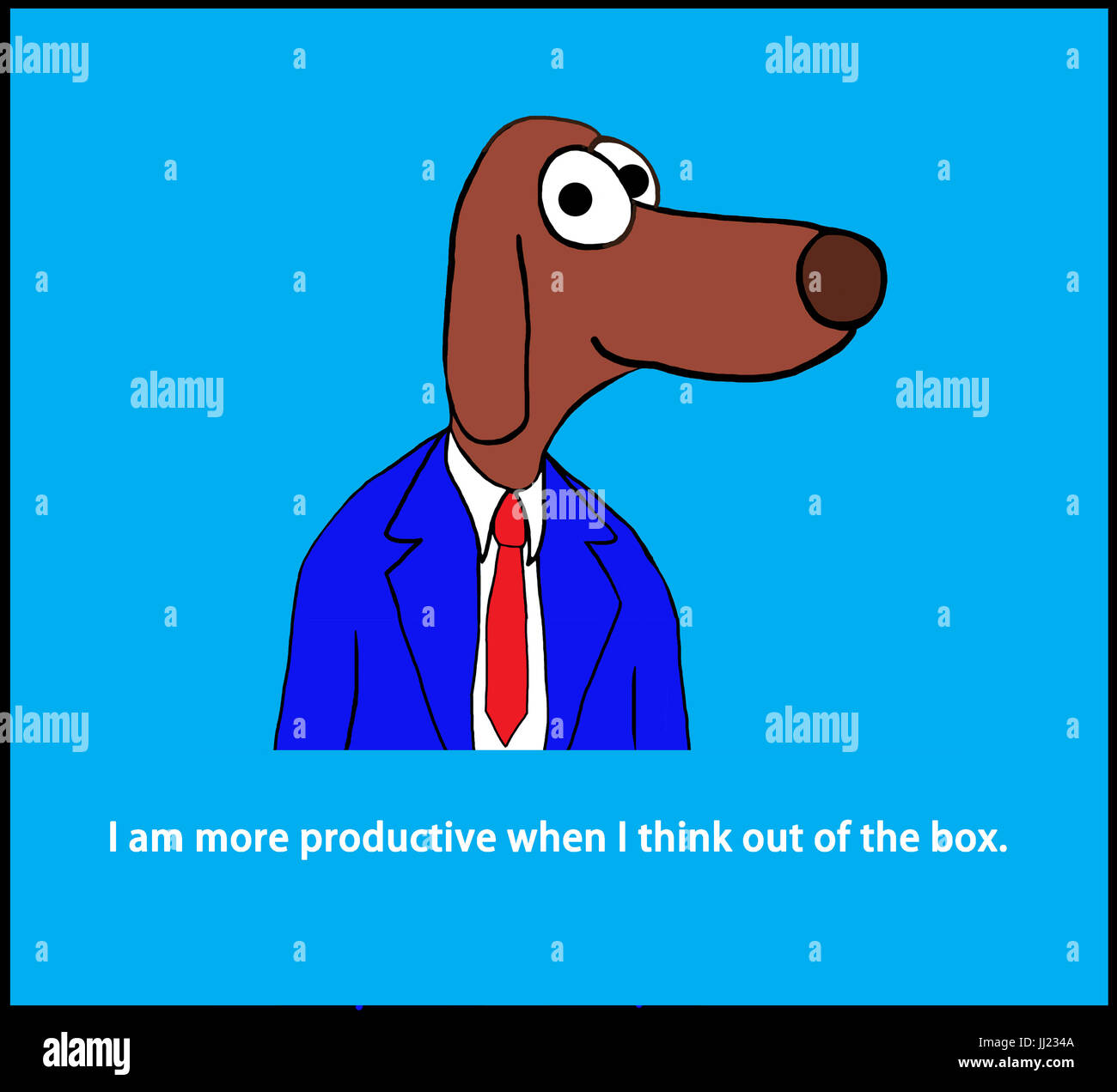 Business cartoon illustrazione di un lavoratore del cane e un pun circa pensando "fuori del box'. Foto Stock