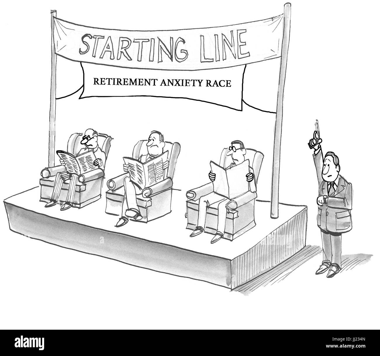 Cartoon illustrazione circa un 'retirement ansia gara'. Foto Stock