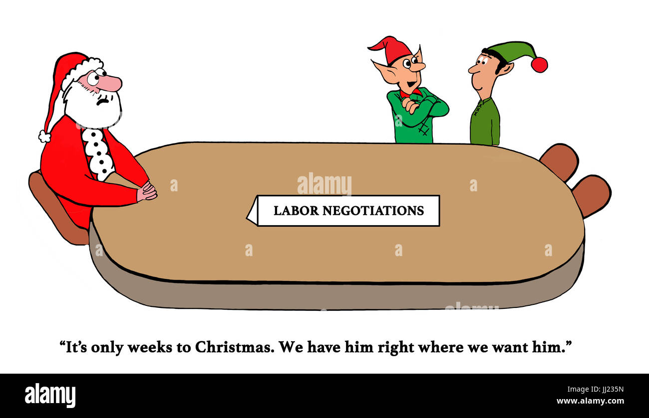 Natale cartoon circa gli elfi avente la manodopera negoziati con Babbo Natale. Foto Stock