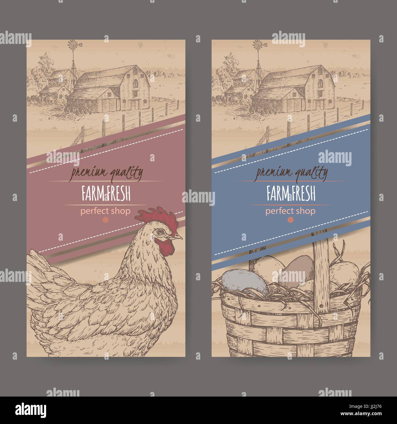 Due etichette con casa colonica, il pollo e le uova sulla consistenza del cartone. Illustrazione Vettoriale