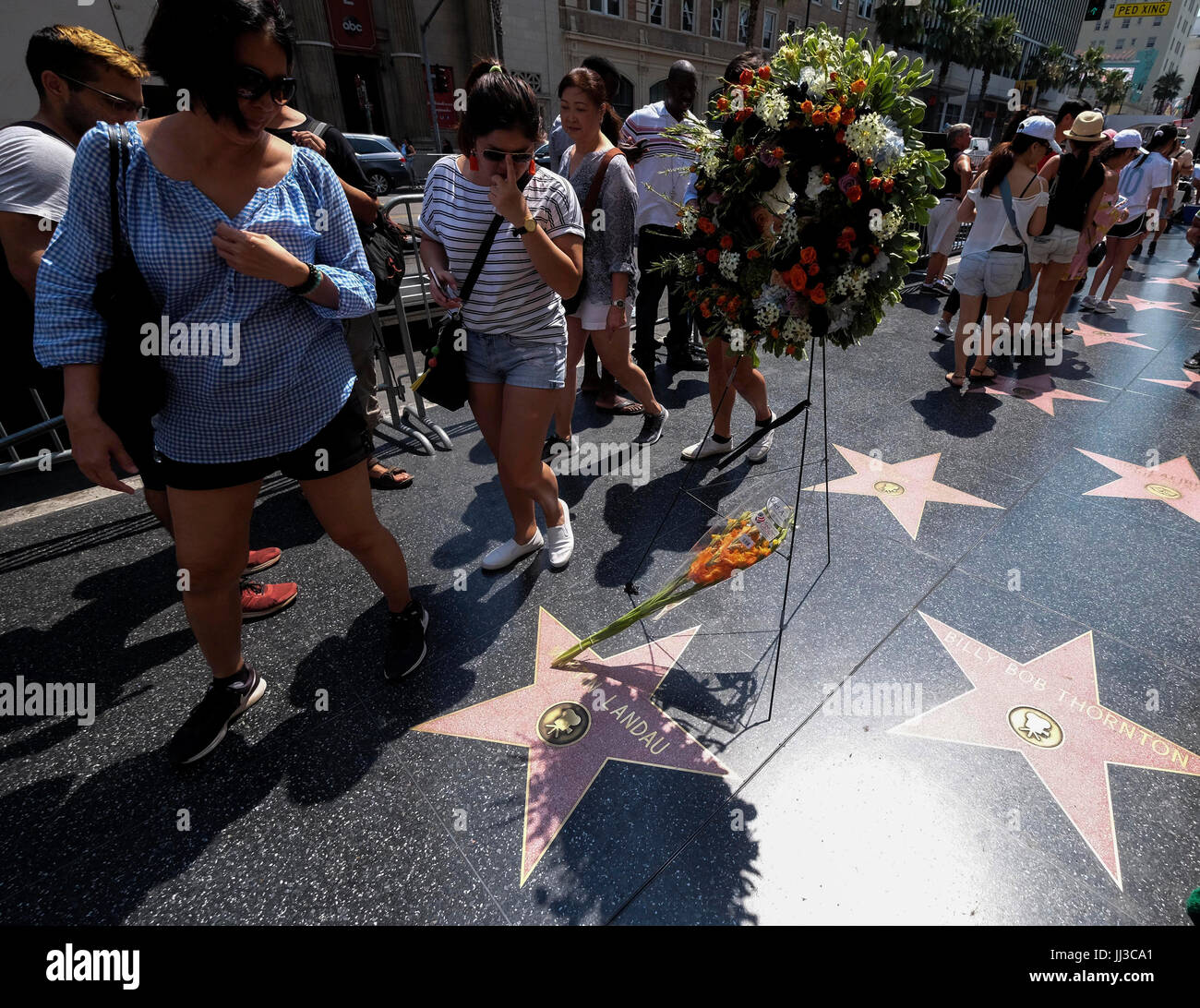 Los Angeles, Sabato, STATI UNITI D'AMERICA. Il 15 luglio 2017. Fiori in memoria di attore Martin Landau sono collocati sulla sua stella sulla Hollywood Walk of Fame nella parte anteriore del Dolby Theatre di Los Angeles, gli Stati Uniti, il 17 luglio 2017. Landau, l'attore che ha acquisito fama negli anni sessanta la TV mostra 'Mission: Impossibile,' poi chiusa con un tappo di una lunga carriera con un Oscar per il suo ruolo di invecchiamento horror movie star Bela Lugosi nel 1994's 'Ed Wood", morto sabato, 15 luglio, 2017. Egli è stato 89. Credito: Zhao Hanrong/Xinhua/Alamy Live News Foto Stock