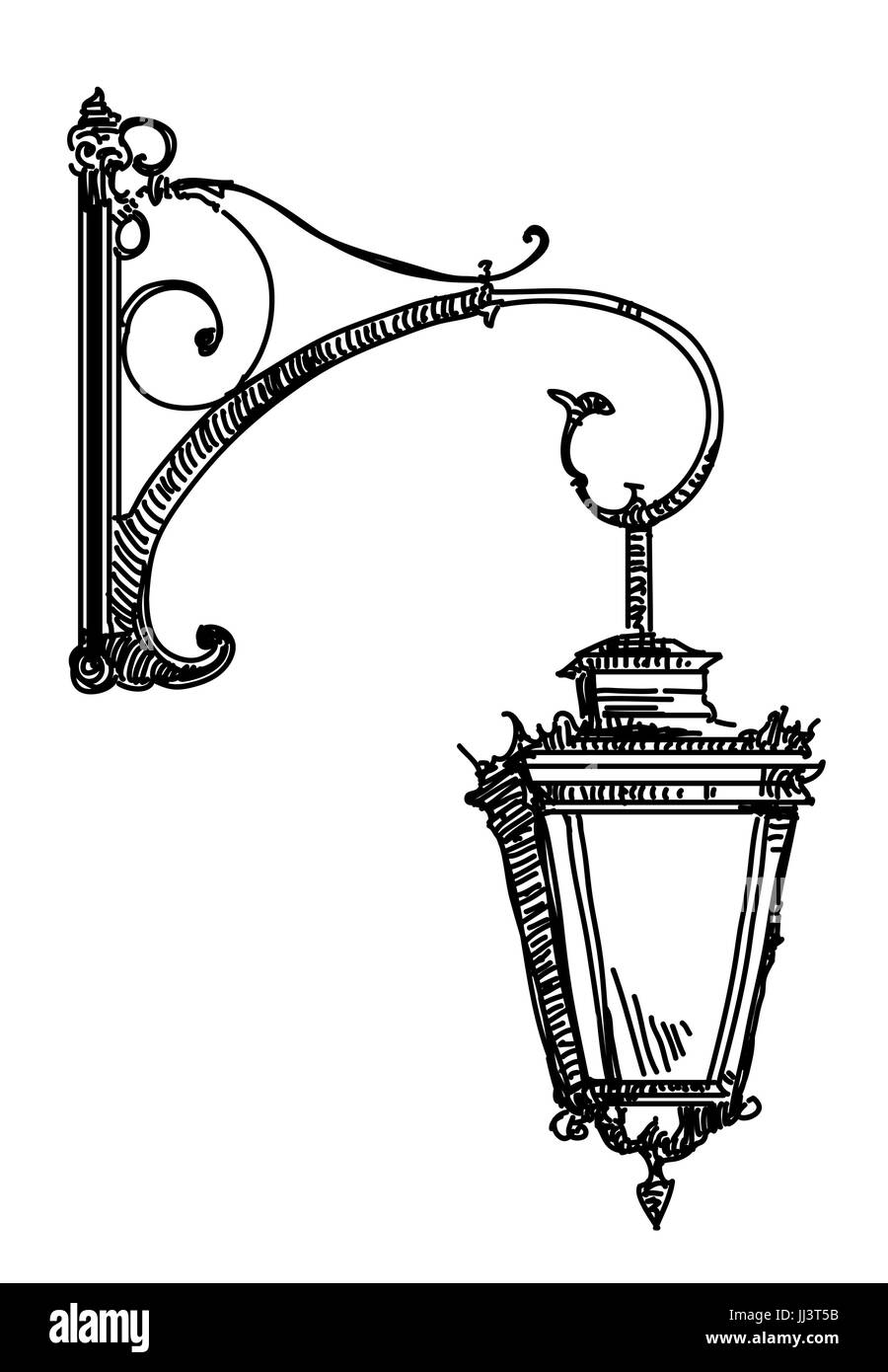 Disegno a mano illustrazione isolato della vecchia strada lampada in colore nero su sfondo bianco Illustrazione Vettoriale