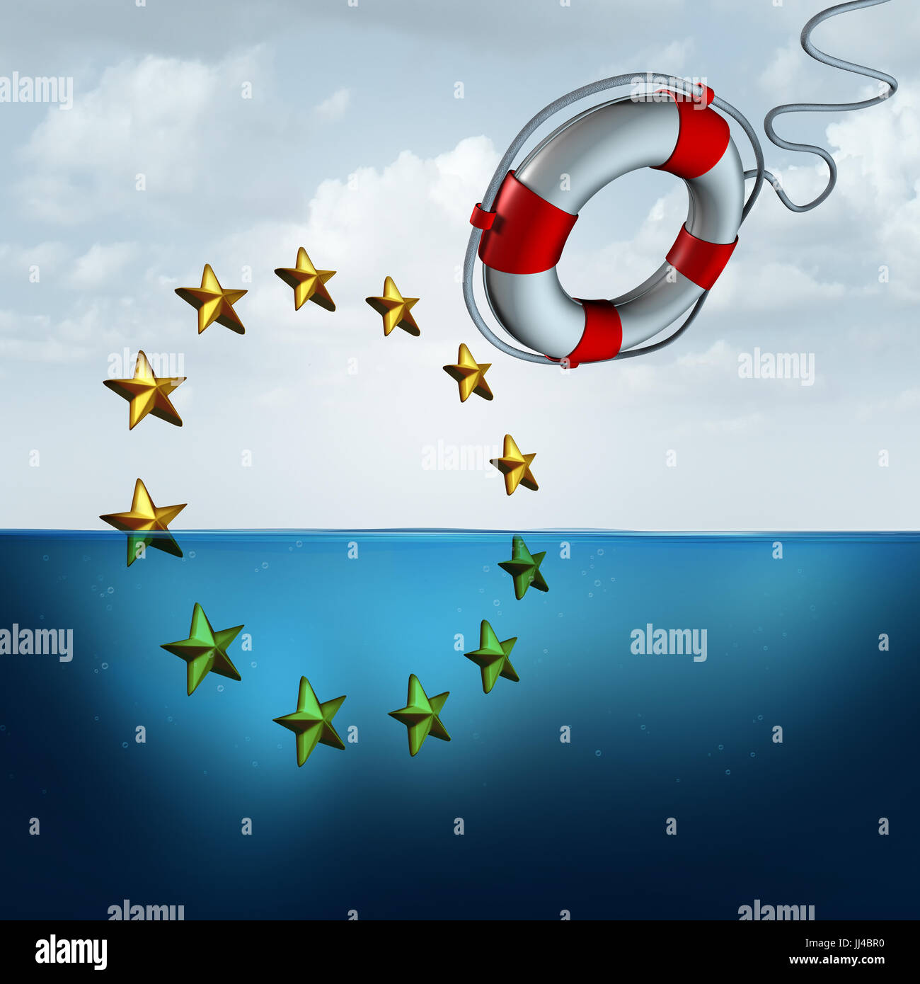 Il salvataggio della Unione Europea e Unione Europea euro protezione come una crisi politica ed economica il concetto di assicurazione come un salvagente o risparmio risparmio. Foto Stock