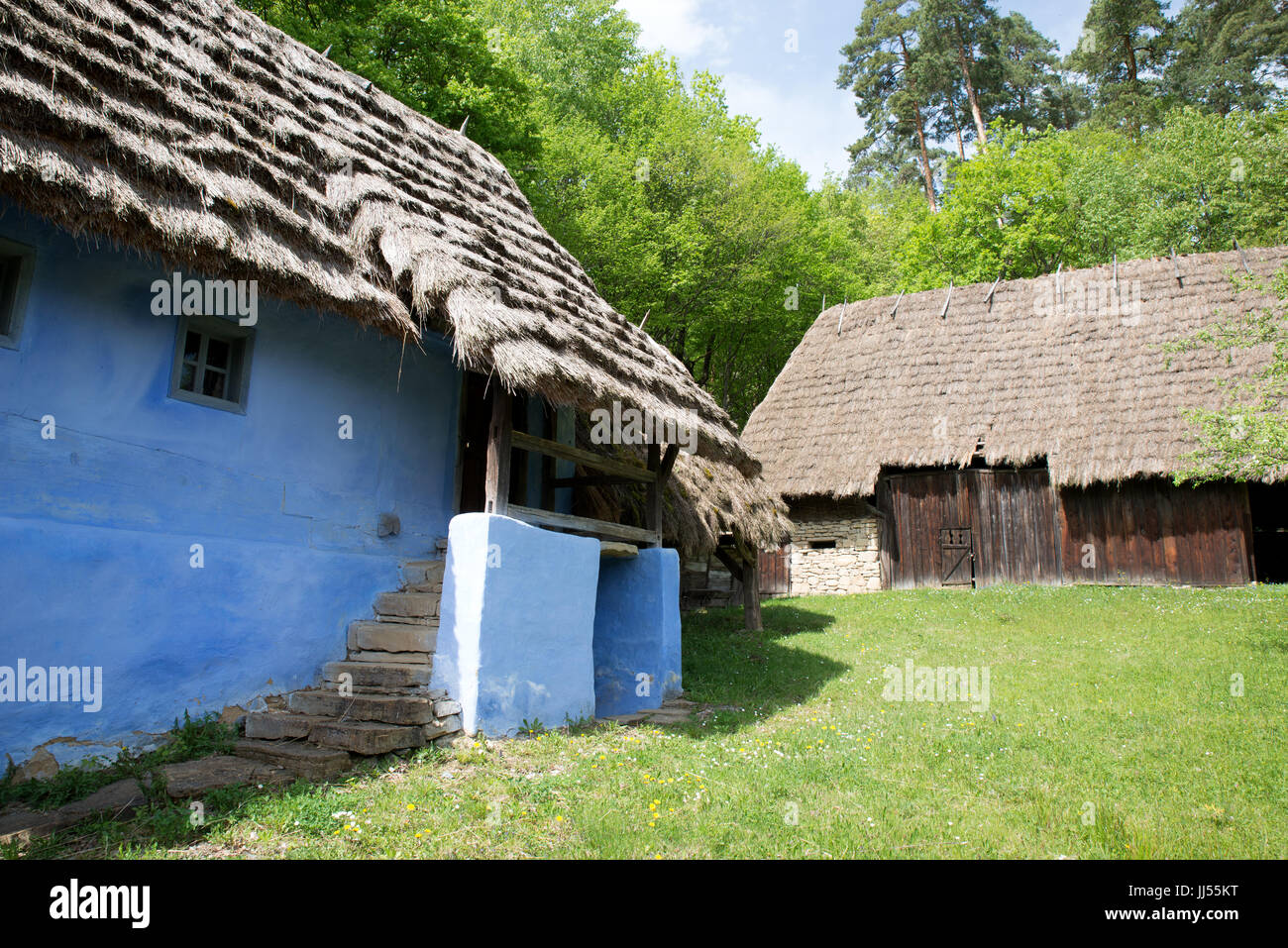 Case tradizionali presso Astra Museo Folcloristico di civiltà tradizionali, Dumbrava, Romania Foto Stock