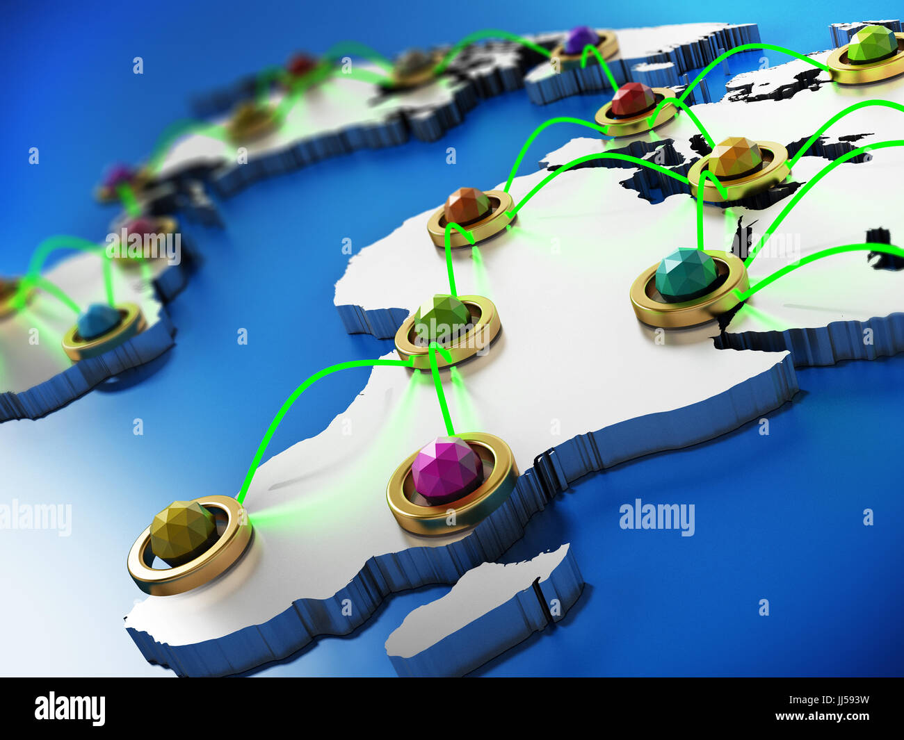Il volo o rete internet su 3D mappa del mondo. 3D'illustrazione. Foto Stock