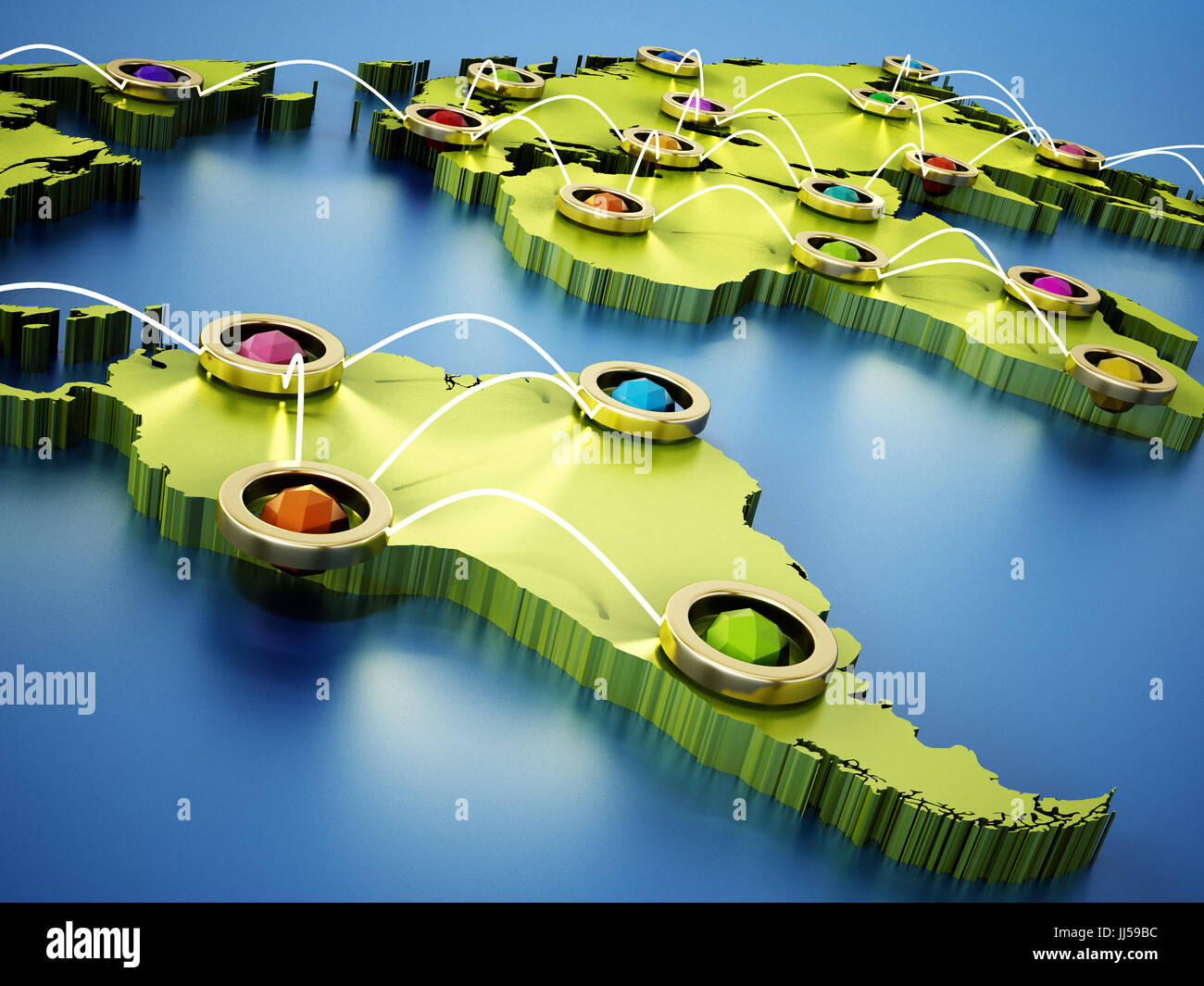 Il volo o rete internet su 3D mappa del mondo. 3D'illustrazione. Foto Stock