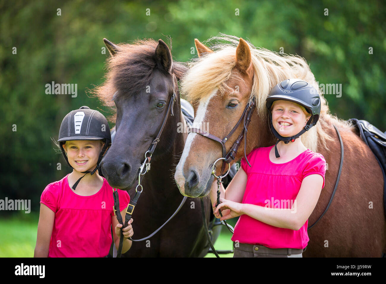 Cavallo islandese. Due ragazze in piedi accanto ai loro cavalli su un prato. Germania Foto Stock