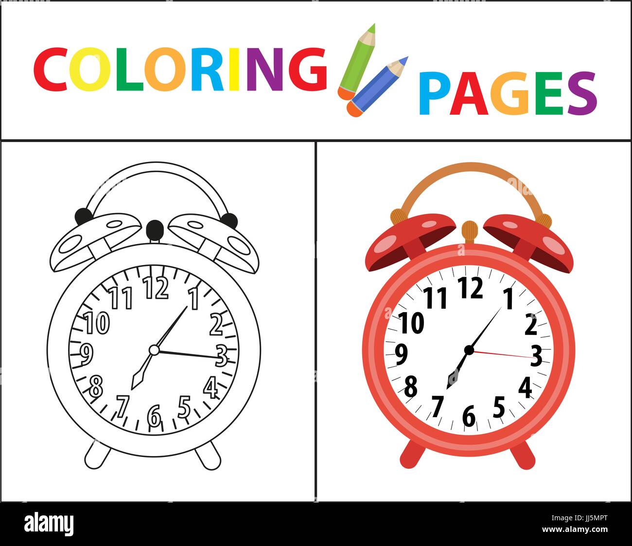 Libro da colorare pagina. Sveglia rossa. Schizzo outline e versione a  colori. Colorazione per i bambini. Educazione dei bambini. Illustrazione  Vettoriale Immagine e Vettoriale - Alamy