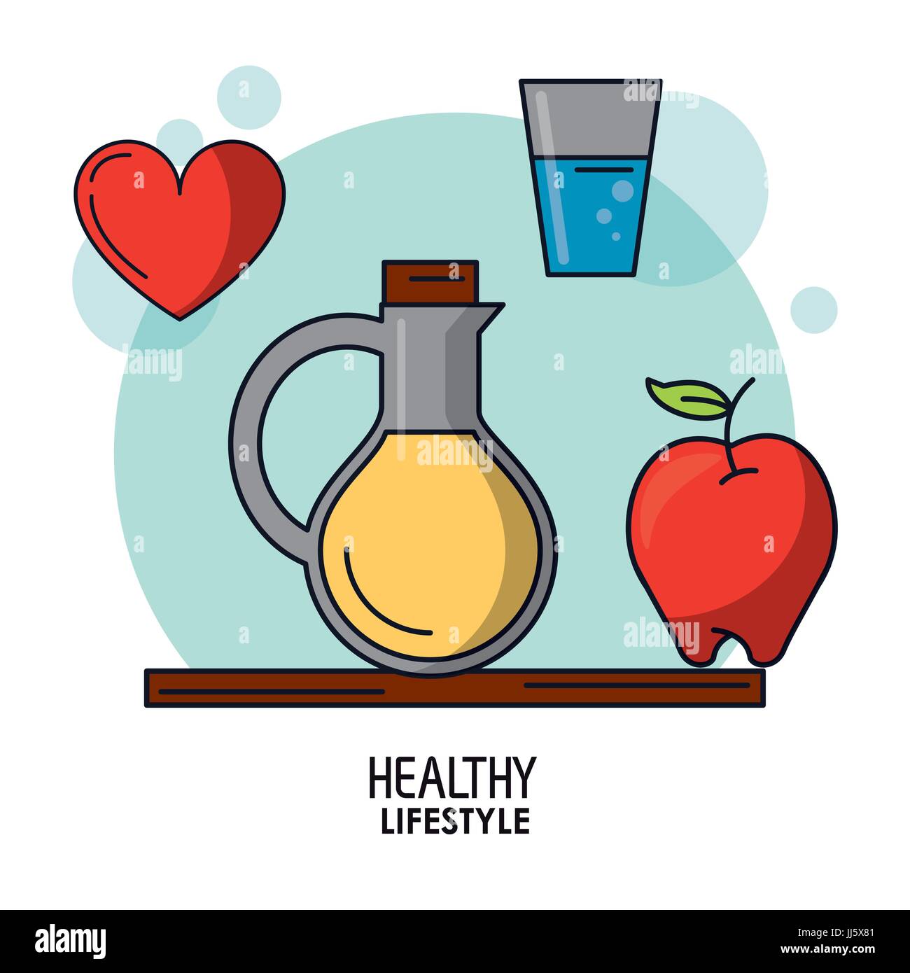 Sfondo bianco poster di uno stile di vita sano con olio vegetale bottiglia e bicchiere di acqua e di Apple e del cuore Illustrazione Vettoriale