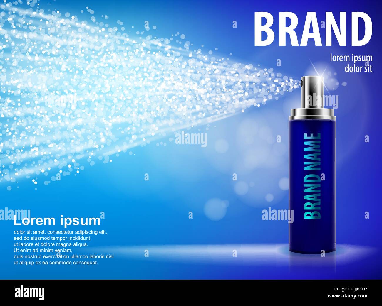 Blu bottiglia spray isolato su sfondo blu con gocce e soft bokeh di fondo per il vostro design. Realistico cosmetici annunci premium, trattamento viso irroratrice. Profumo o deodorante contenitore vettore 3d Illustrazione Vettoriale